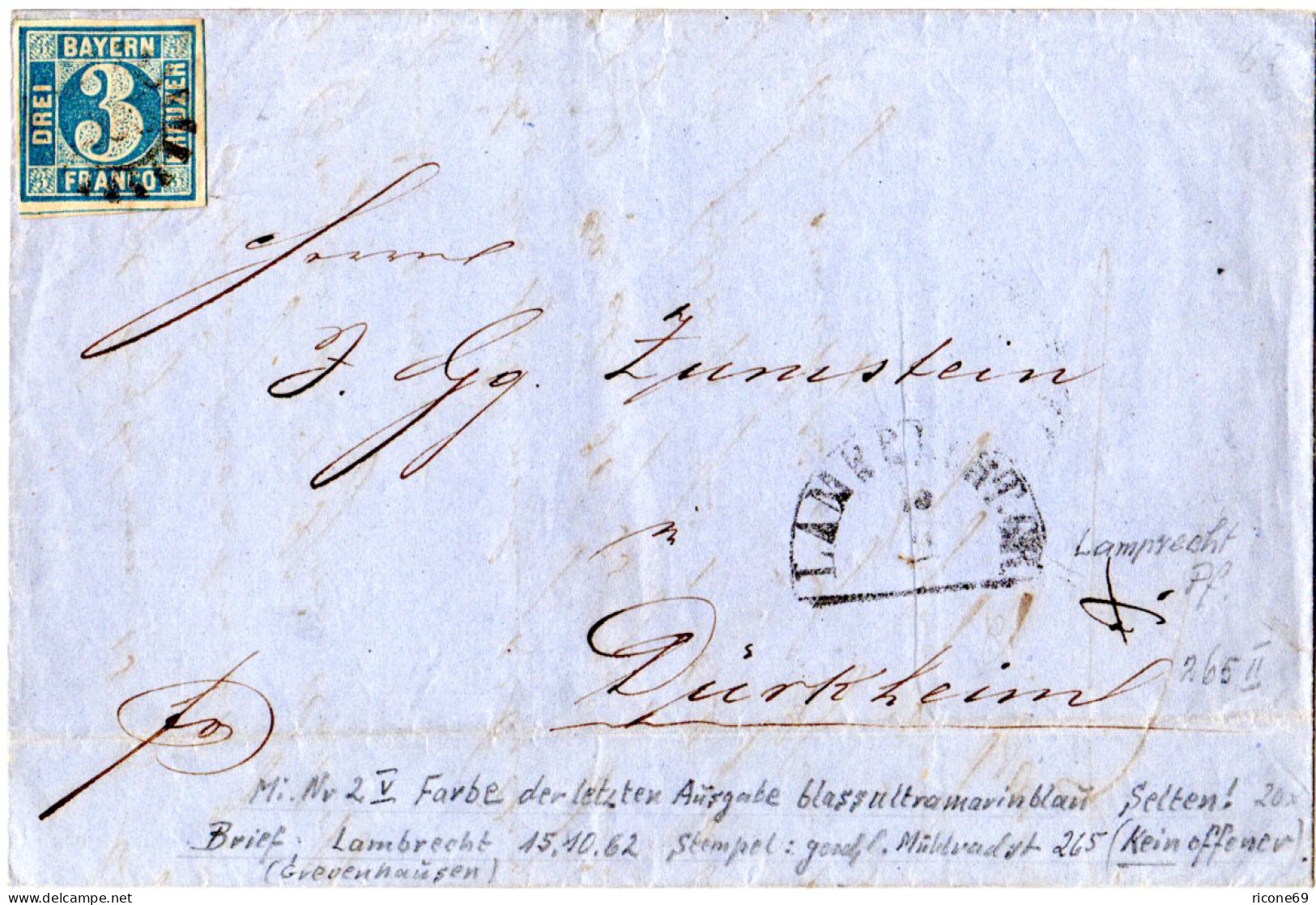 Bayern 1862, Breitr. 3 Kr. (Pl. V) Auf Brief M. MR 265 V. Lambrecht N. Dürckheim - Lettres & Documents