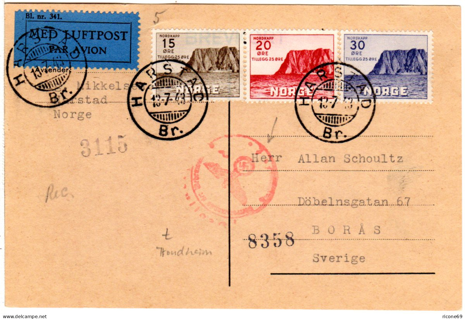 Norwegen 1943, Luftpost Karte V. Harstad M. Seltener Trondheim-Zensur! LP! - Storia Postale