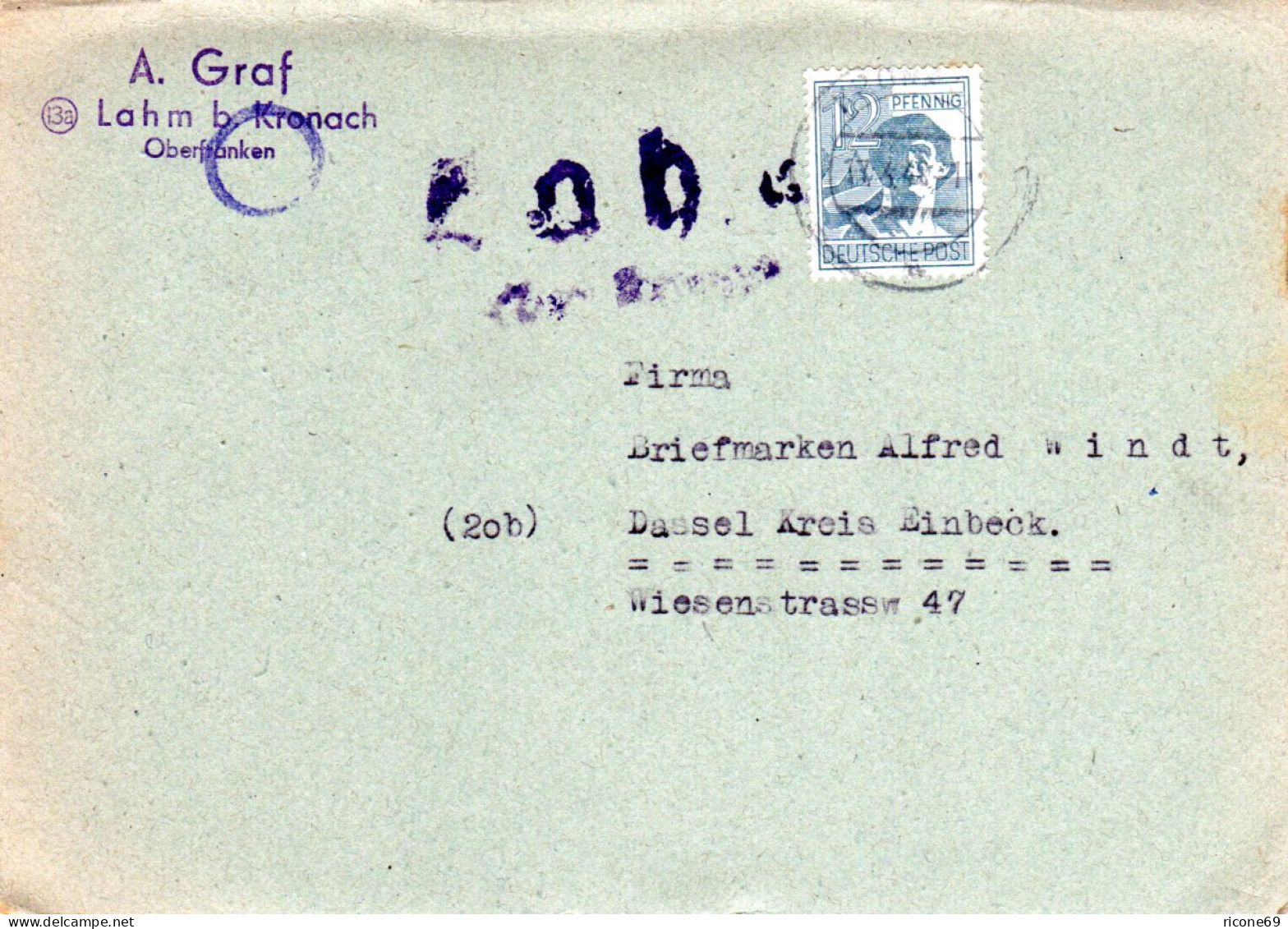1948, Landpost Stempel LAHM über Kronach Auf Karte M. 12 Pf.  - Collezioni
