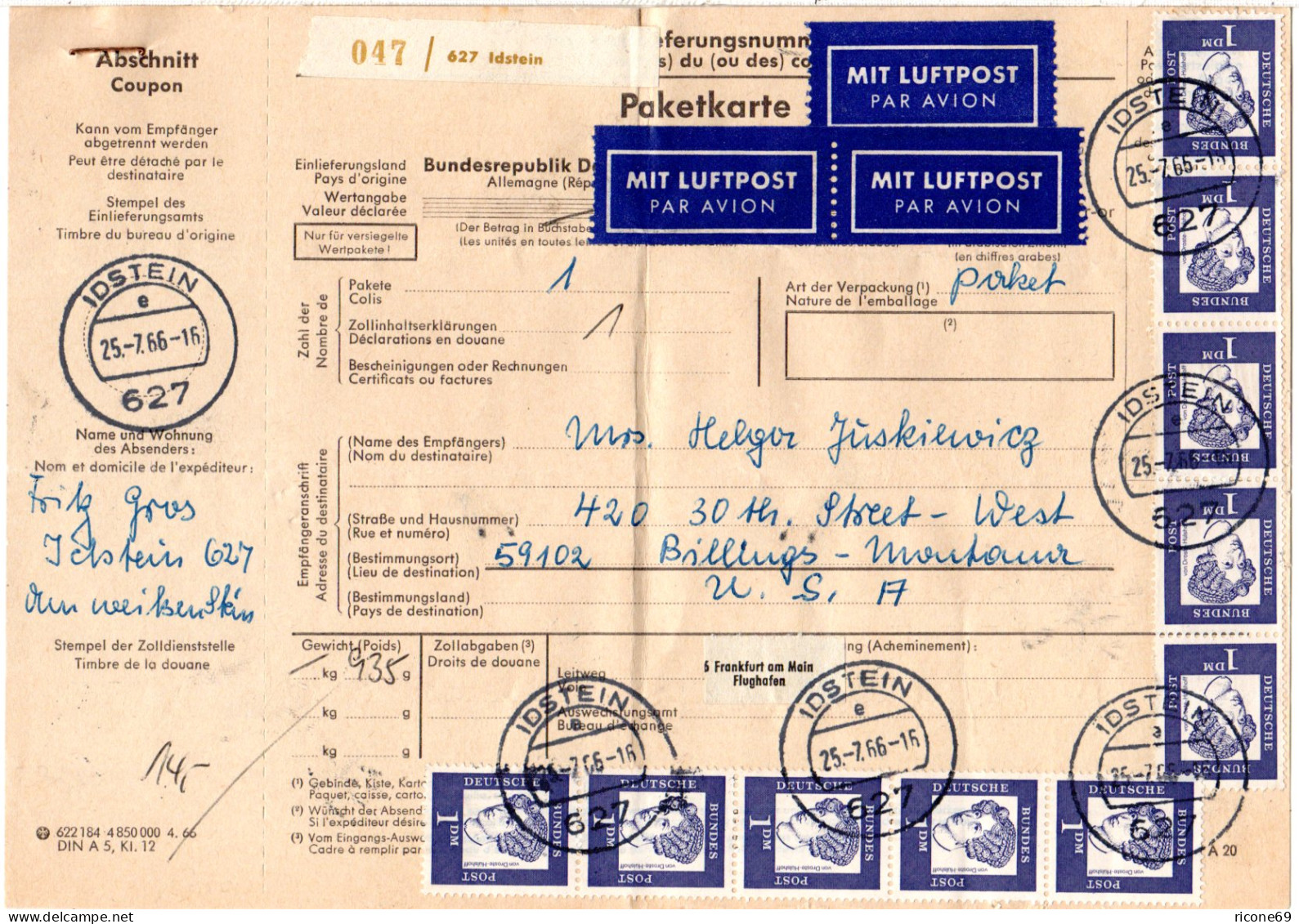 BRD 1966, Reine MeF 14x1 M. Vorder- U. Rs. Auf Luftpost Paketkarte V. Idstein  - Lettres & Documents