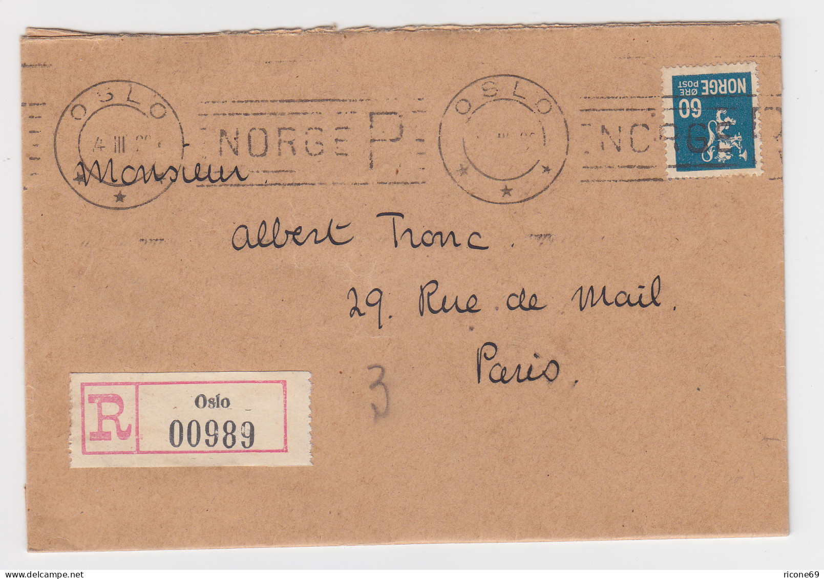 Norwegen 1928, OSLO NORGE R Einschreiben Maschinen Stpl. Auf Brief M. 60 öre - Cartas & Documentos