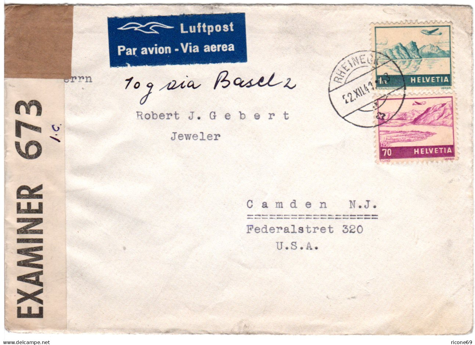 Schweiz 1941, 1 Fr+70 C. Flugmarken Auf Luftpost Zensur Brief V. Rheineck N. USA - Brieven En Documenten