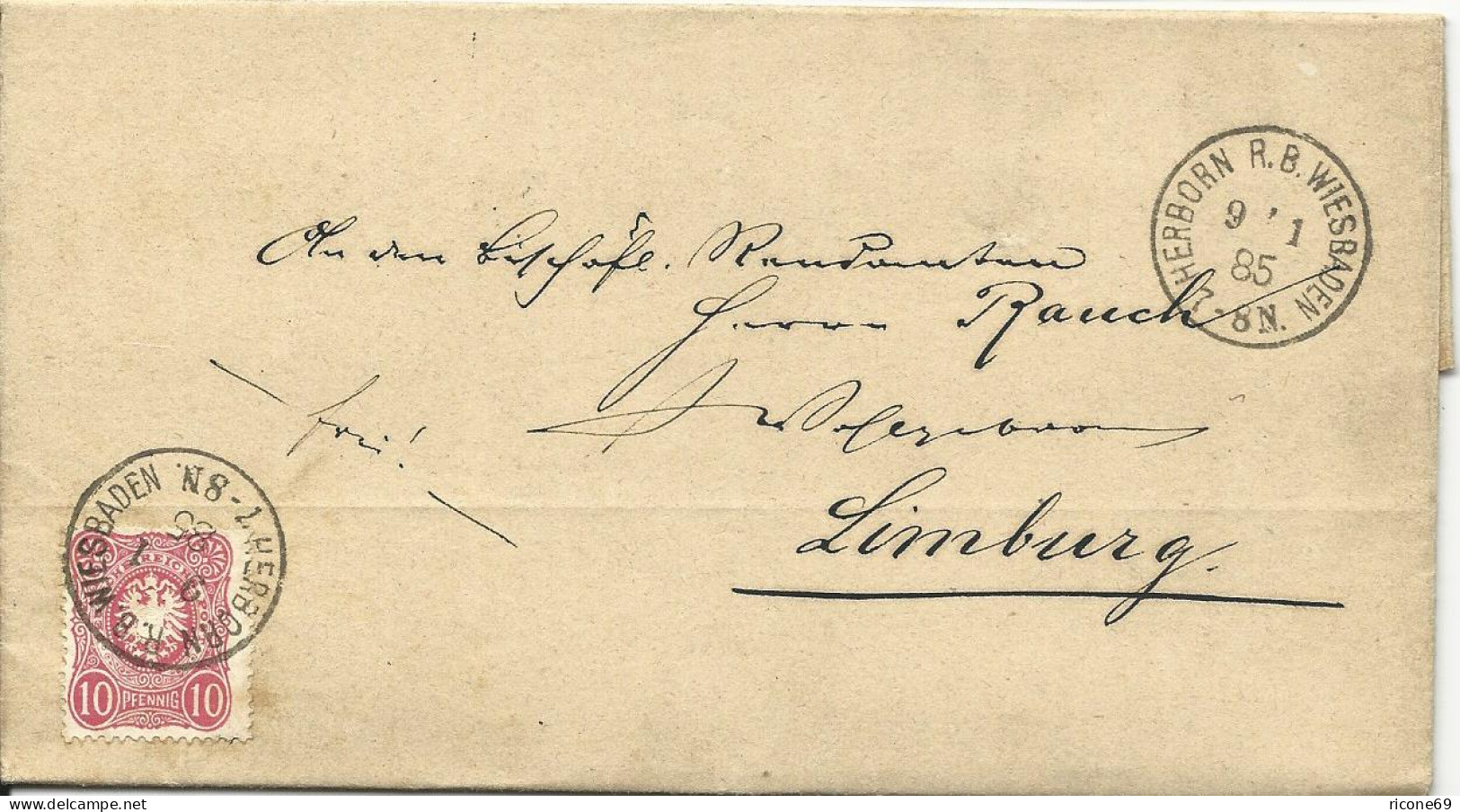 DR 1885, Kl. K1 HERBORN R.B. WIESBADEN Klar Auf Brief M. 10 Pf. - Briefe U. Dokumente