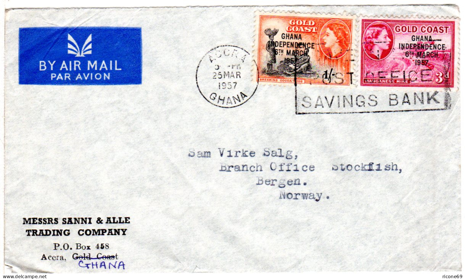 Gold Coast 1957, 3d+1 Sh. Ghana Auf Luftpost Brief V. Accra N. Norwegen - Ghana (1957-...)