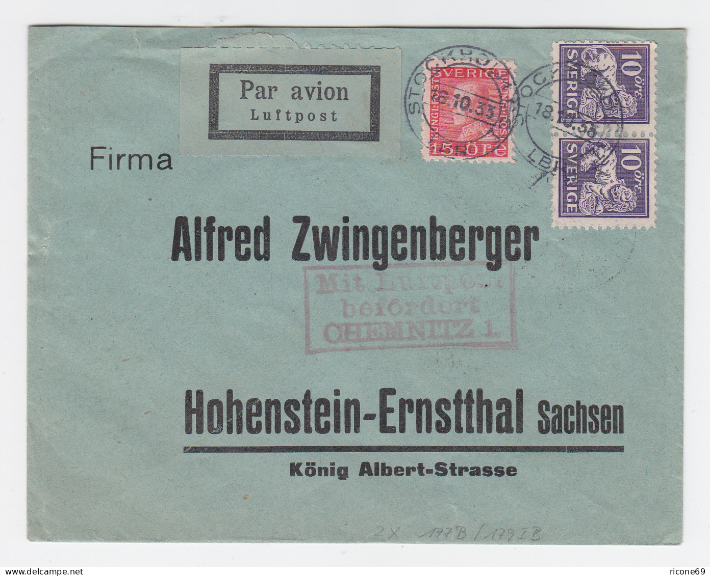 Schweden 1933, Brief V. Stockholm M. Chemnitz Luftpost Bestätigungs Stempel - Storia Postale