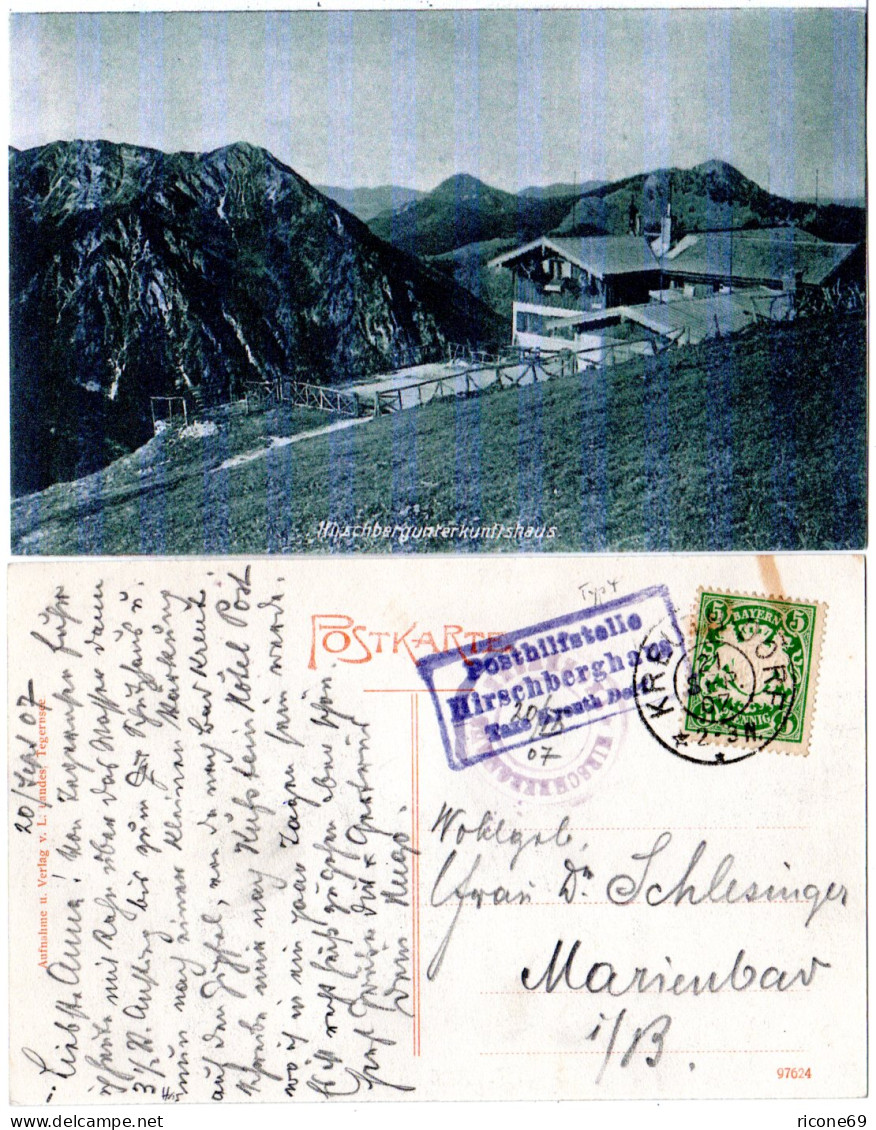 Bayern 1907, Posthilfstelle HIRSCHBERGHAUS Taxe Kreuth Dorf Auf Sw-AK M. 5 Pf - Lettres & Documents
