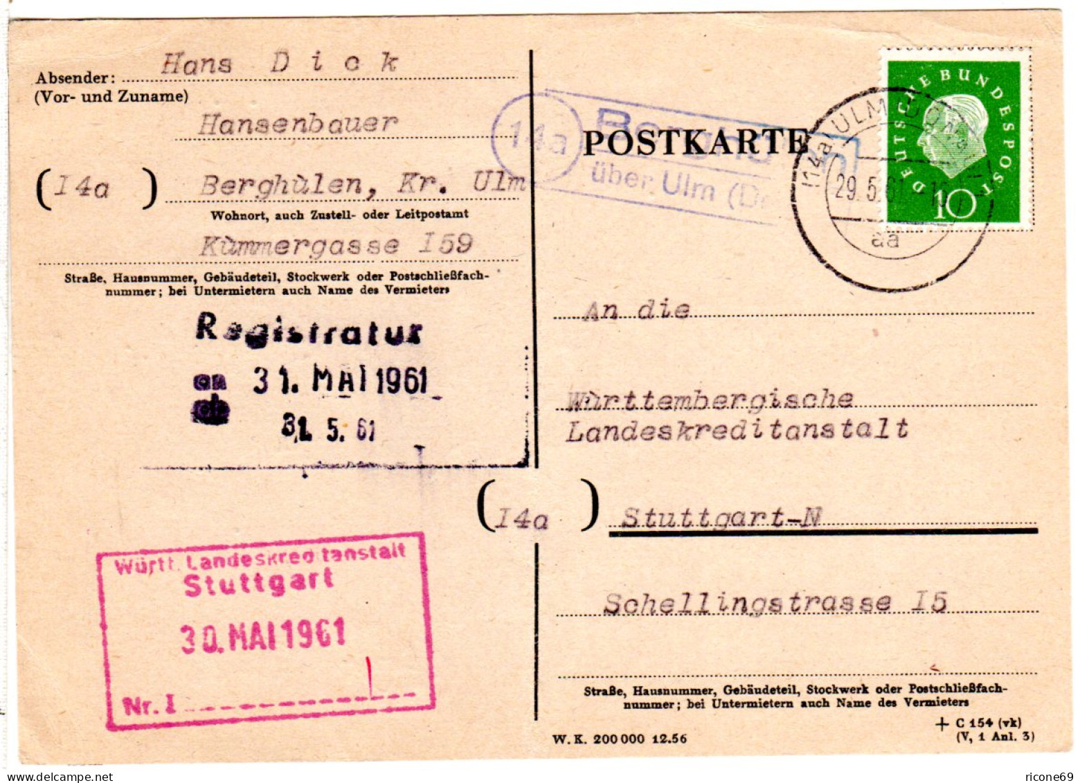 BRD 1961, Landpost Stempel 14a BERGHÜLEN über Ulm Auf Karte M. 10 Pf.  - Sammlungen