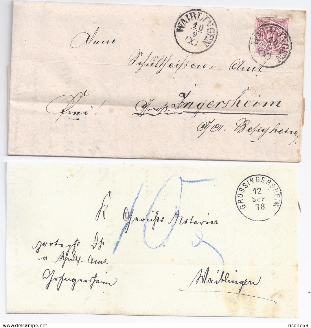 Württemberg 1878, K1 Waiblingen U Grossingersheim Auf 2x Verw. Porto Brief. #505 - Briefe U. Dokumente
