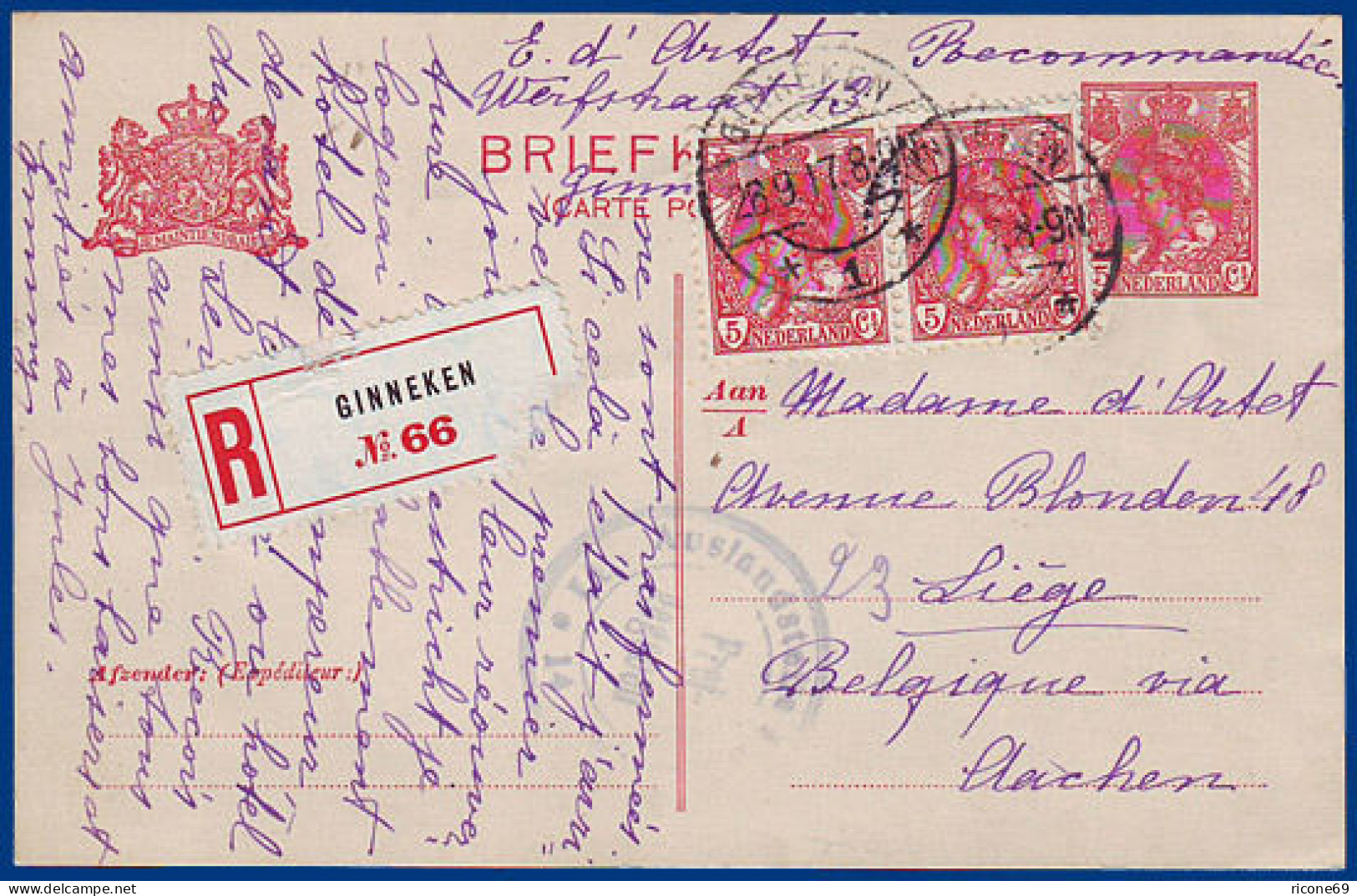 NL 1917, Einschreiben Zensur Ganzsache M. Zusatzfr. V. Ginneken N. Belgien #S400 - Autres & Non Classés