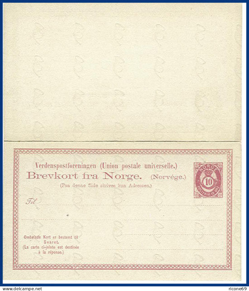 Norwegen P 15, Ungebr. 10 öre Doppelkarte Ganzsache M. Senkr. WZ! #S193 - Briefe U. Dokumente