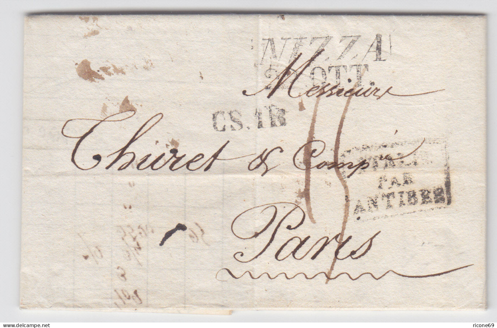 Italien Sardinien Frankreich 1827, L2 Nizza Porto Brief M. Italie Par Antibes. - Non Classificati