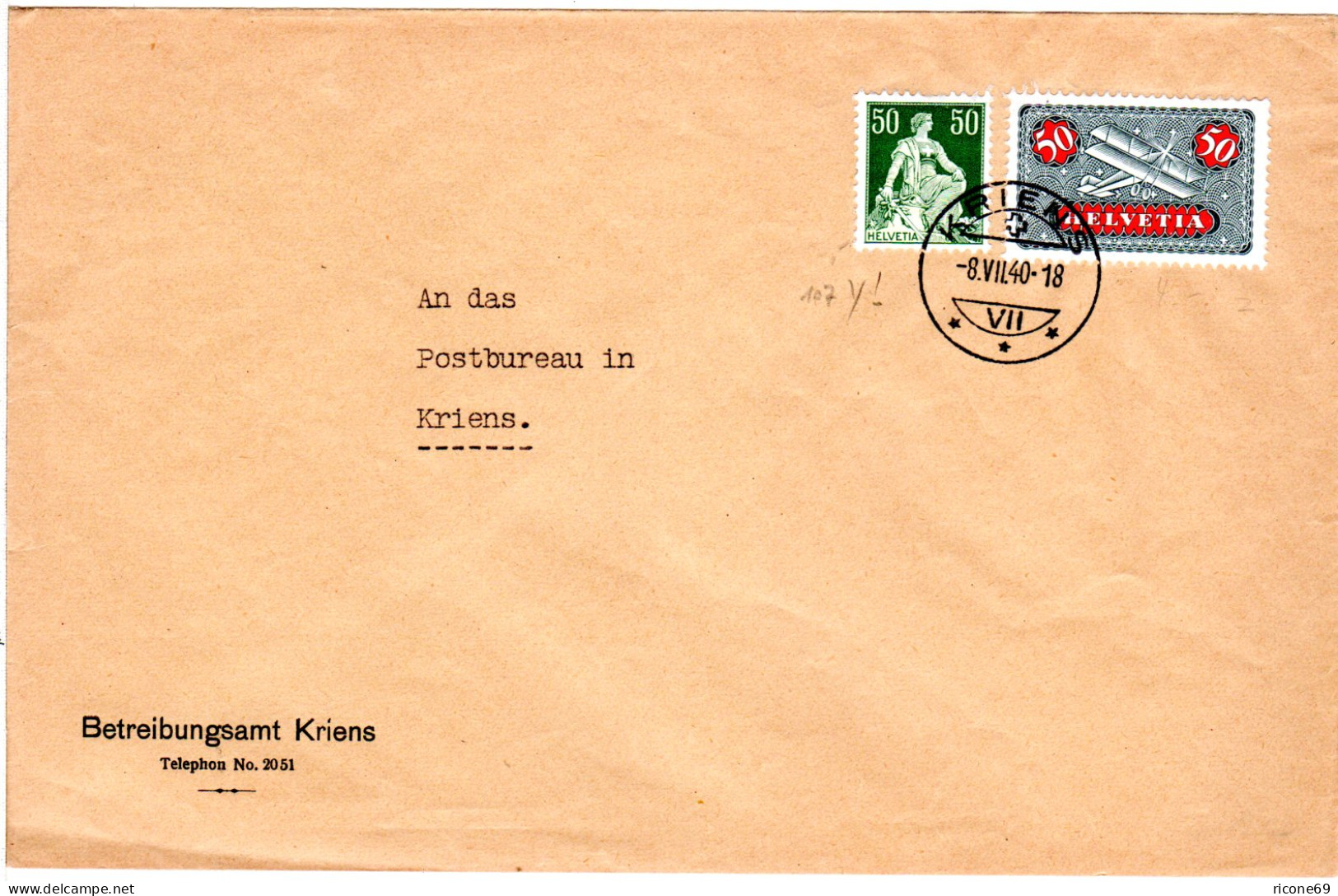 Schweiz 1940, 50 C. Kreidepapier Zus. M. 50 C. Flugpost Auf Amtsbrief V. Kriens. - Covers & Documents
