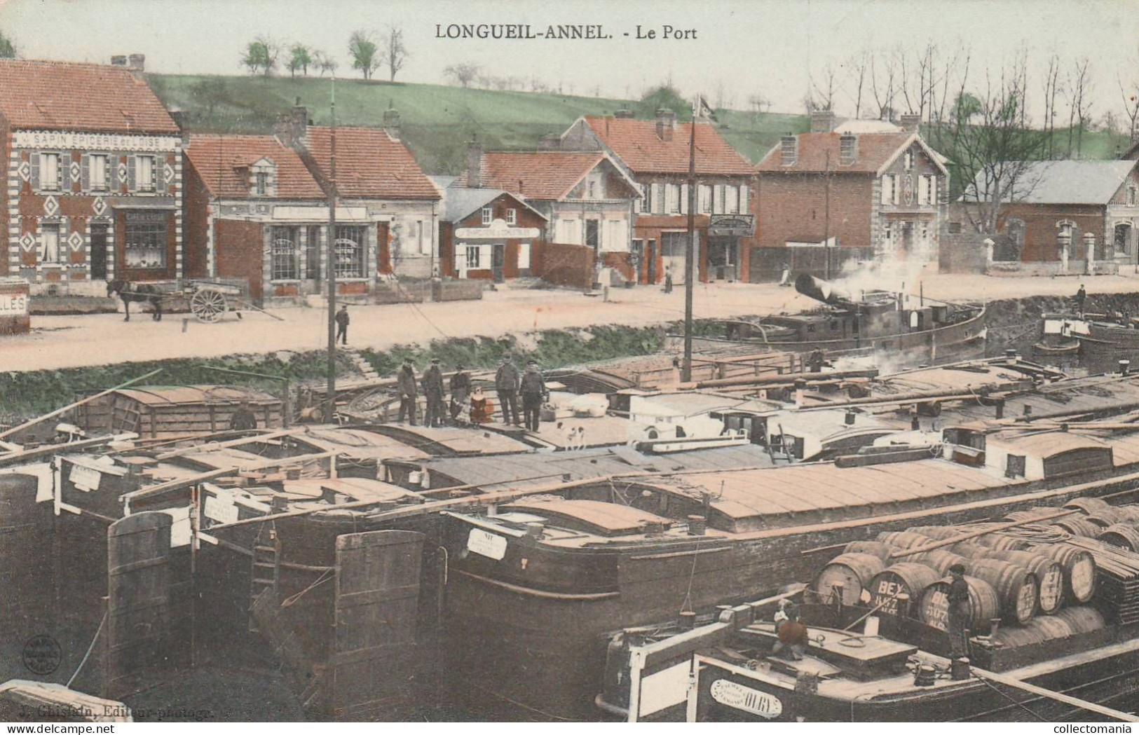 2 PC Dep L'Oise  Longueil - Annel   Le PORT Café De L'Oise Epicerie Sapin     Pontoise  Un Train De Bateaux Avalants - Péniches