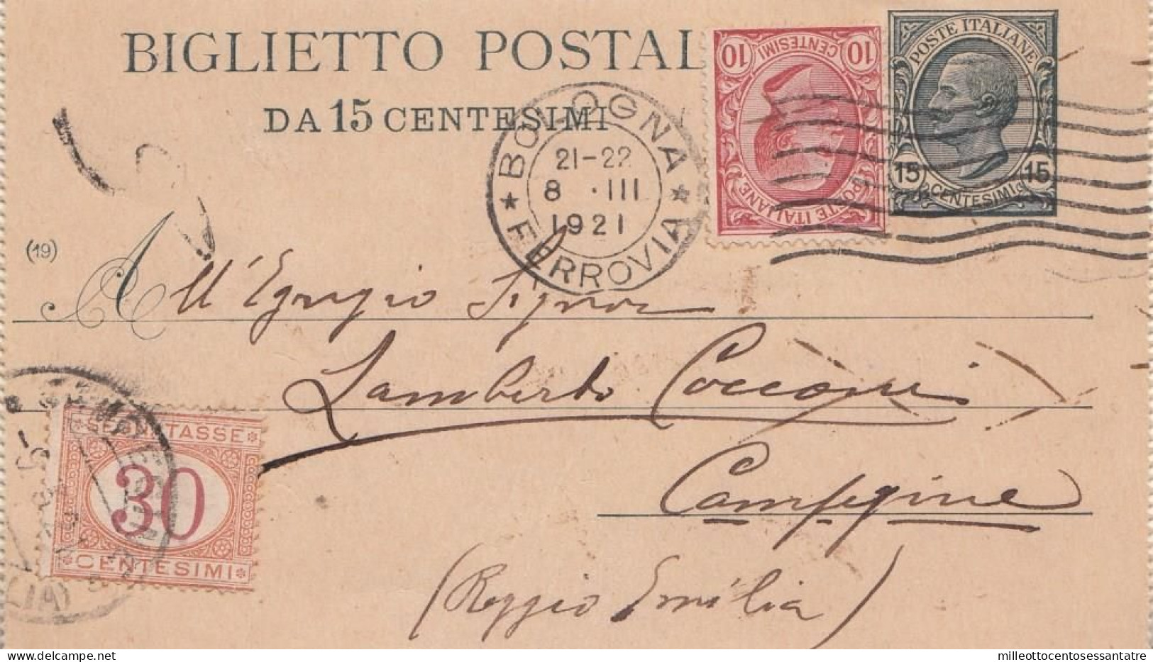 1573- REGNO - Biglietto Postale Da Cent 15 Ardesia Del 1921 Da Bologna A Campegine Con Aggiunta C. 10 E Tassa Di C.. 30 - Entero Postal