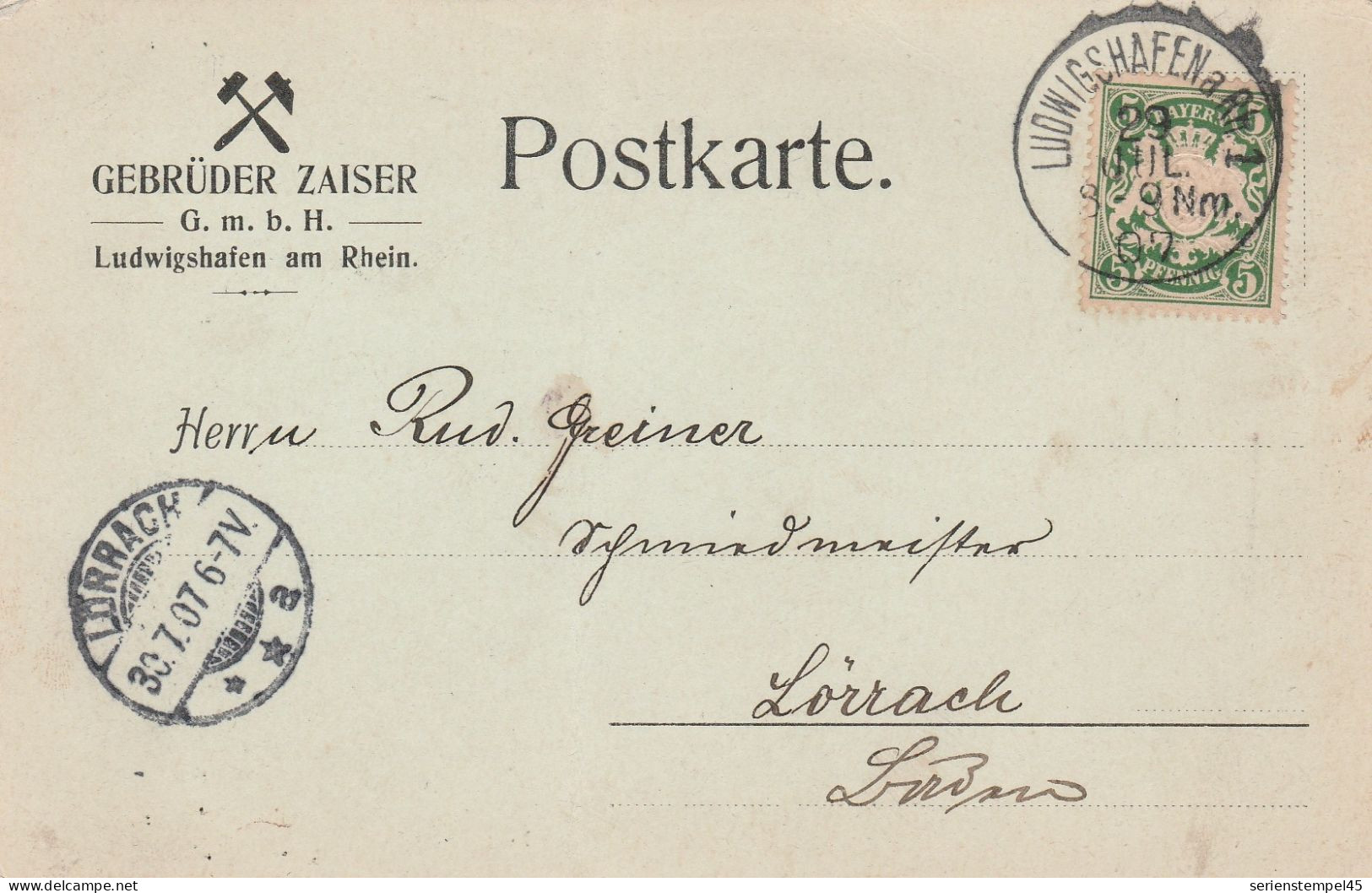 Bayern Firmen Karte Ludwigshafen Am Rhein 1907 Gebrüder Zaiser GmbH - Brieven En Documenten