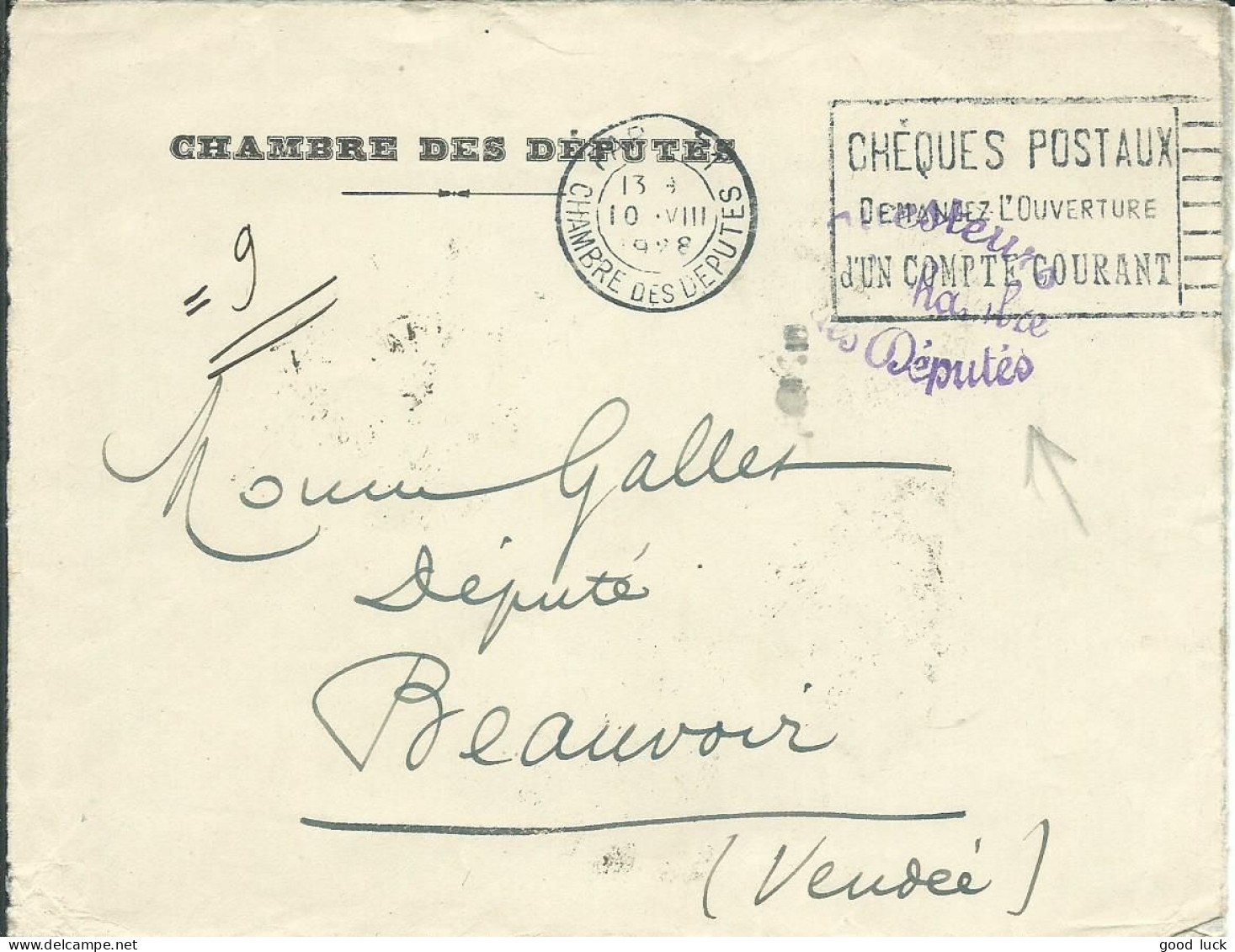FRANCE  LETTRE PARIS DEPUTES + SEING " QUESTEURS CHAMBRE DES DEPUTES " POUR BEAUVOIR ( VENDEE ) DE 1928 LETTRE COVER - Civil Frank Covers