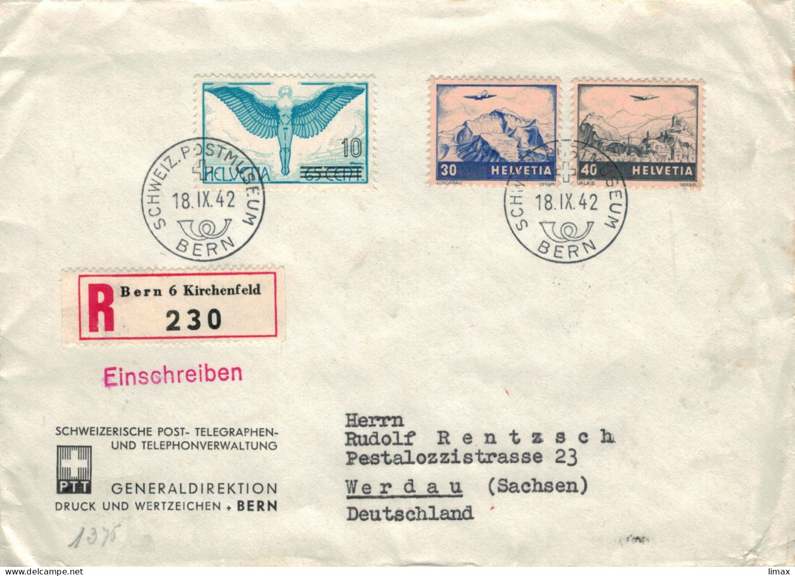 Reko Bern Kirchenfeld Postmuseum 1942 > Rentsch Werdau - Zensur OKW - Flugpostmarken - Lettres & Documents
