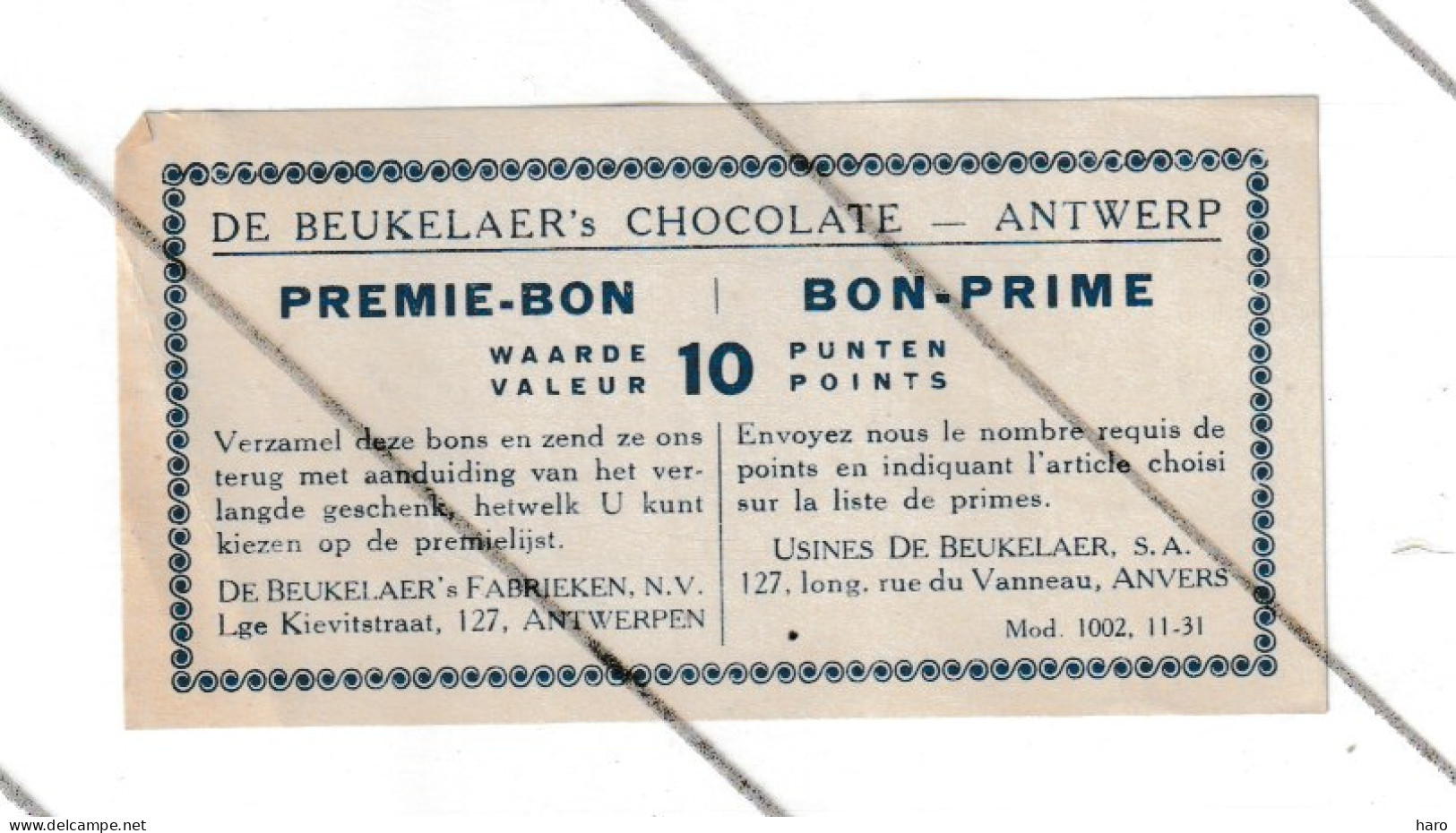 Chocolat DE BEUKELAER Chocolate - Bon - Prime De 10 Points  ANTWERPEN / ANVERS  ( B375 ) - Sonstige & Ohne Zuordnung
