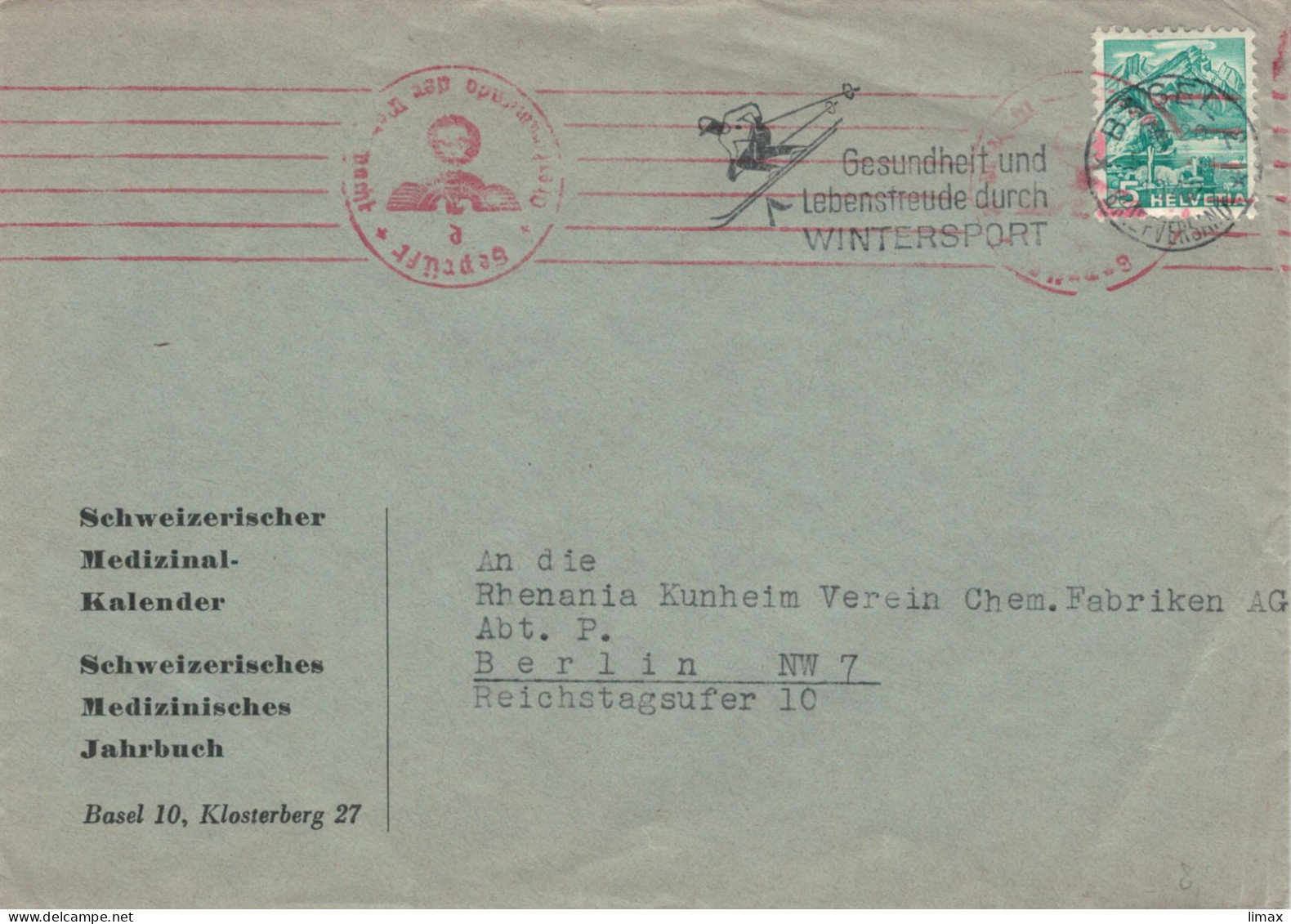 Schweizerischer Medizinalkalender Basel 1942 > Rhenania Berlin - Zensur OKW - Gesundheit Lebensfreude Sport - Cartas & Documentos