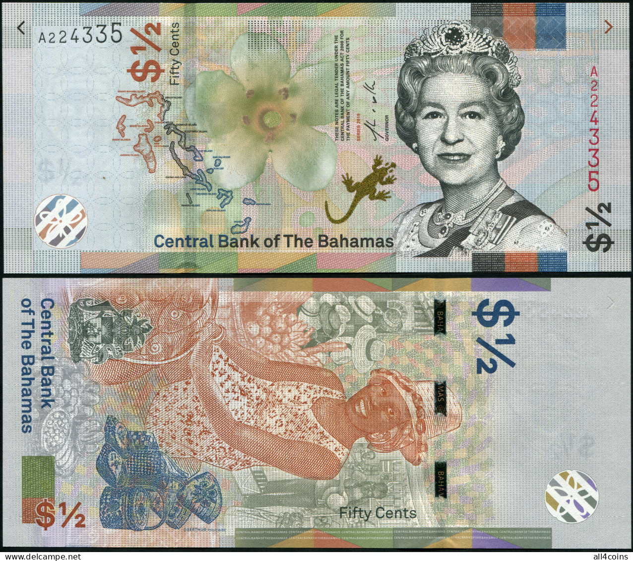 Bahamas 1/2 Dollar. 2019 Paper Unc. Banknote Cat# P.NL - Bahamas