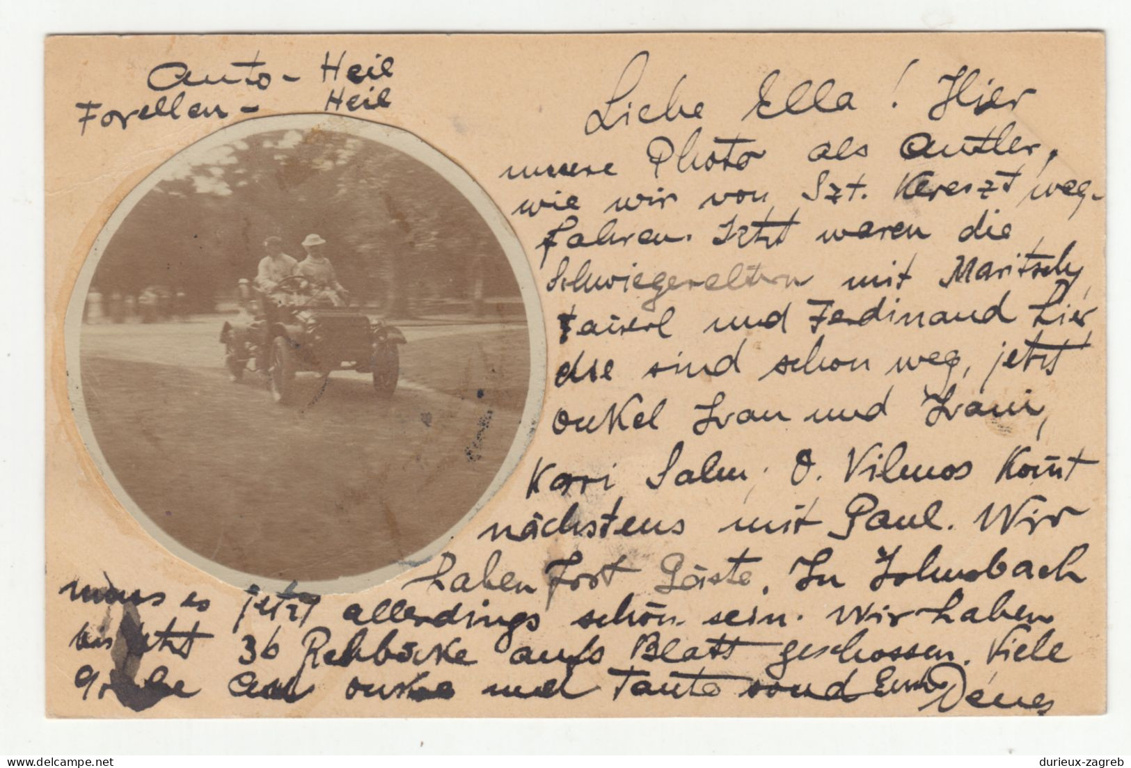 Couple In Car Old Photo Glued On Hungarian Postal Stationery Postcard And Posted 190? To Austria B240503 - Otros & Sin Clasificación
