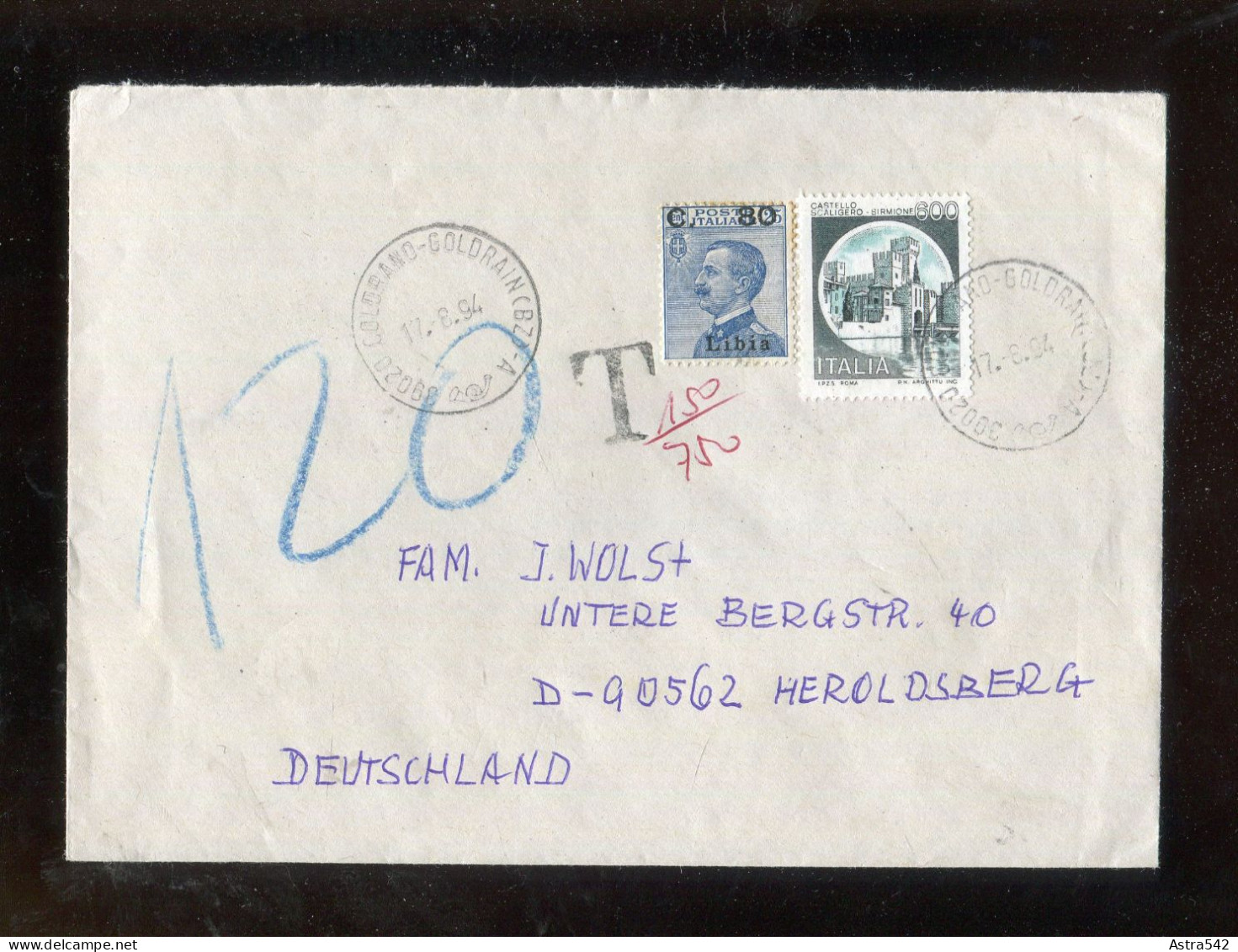 "ITALIEN" 1994, Int. Brief Nach Deutshland, Nachgebuehr (A1252) - 1991-00: Marcophilie