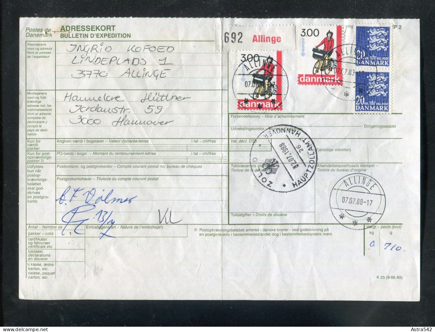 "DAENEMARK" 1988, Auslandspaketkarte Ex Allinge Nach Hannover, Frankatur ! (A1255) - Briefe U. Dokumente