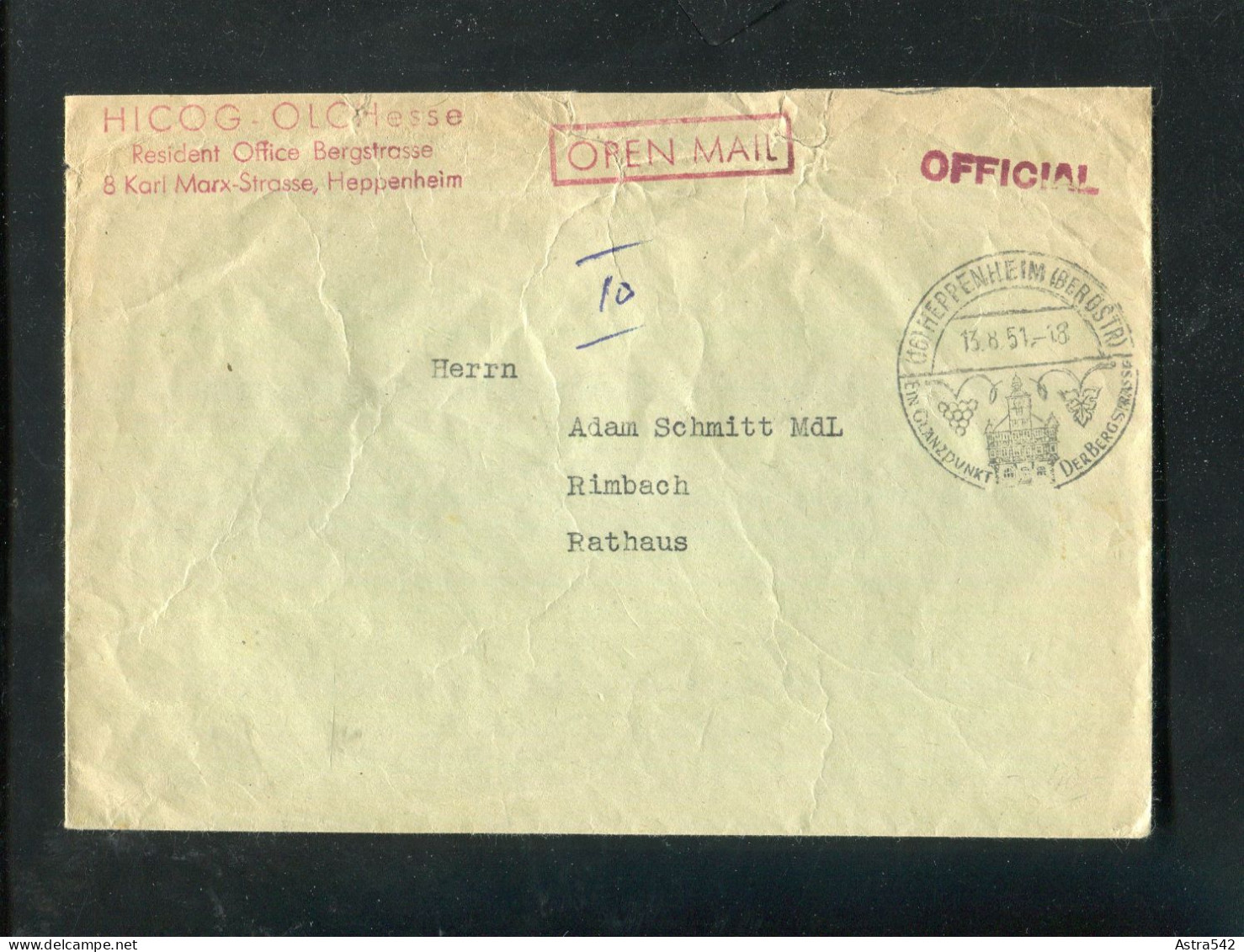 "BUNDESREPUBLIK DEUTSCHLAND" 1951, Brief Mit Rotem R1 "OPEN MAIL" Und L1 "OFFICIAL", SSt. "HEPPENHEIM" (A1256) - Briefe U. Dokumente