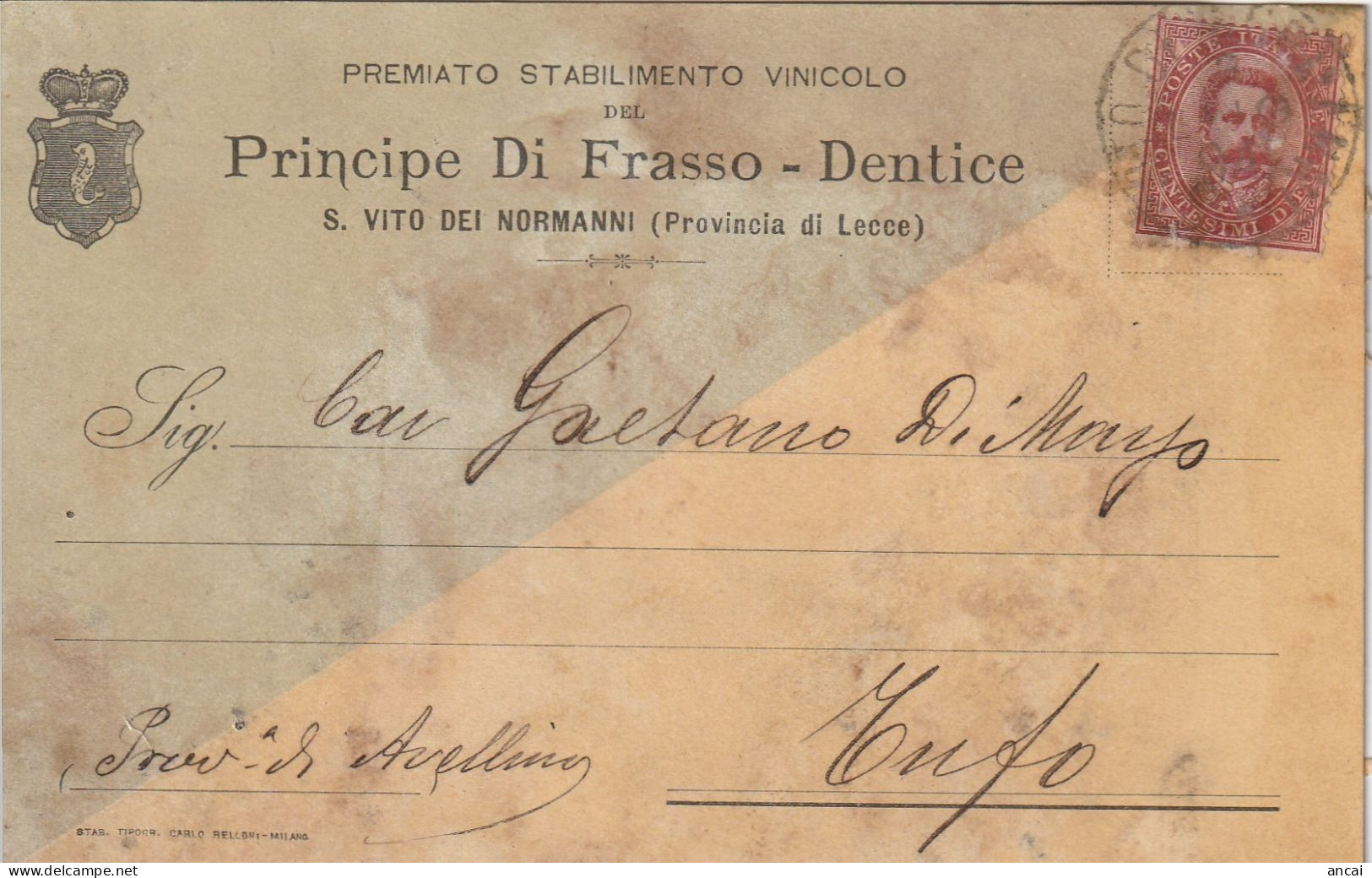 Italy. A208. S. Vito Dei Normanni. 1894. Cartolina Postale PUBBLICITARIA  ... PREMIATO STABILIMENTO VINICOLO ..... - Marcophilie