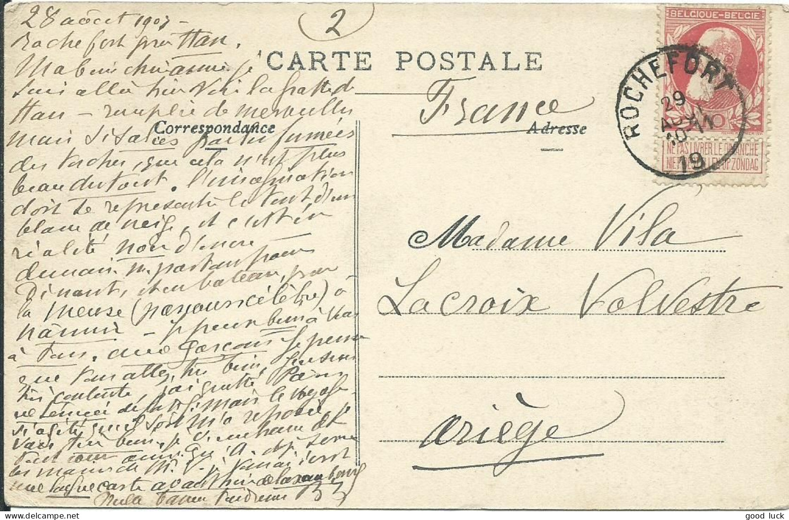 BELGIQUE CARTE 10c ROCHEFORT POUR LA CROIX VOLVESTRE ( ARIEGE ) DE 1919  LETTRE COVER - Briefe U. Dokumente