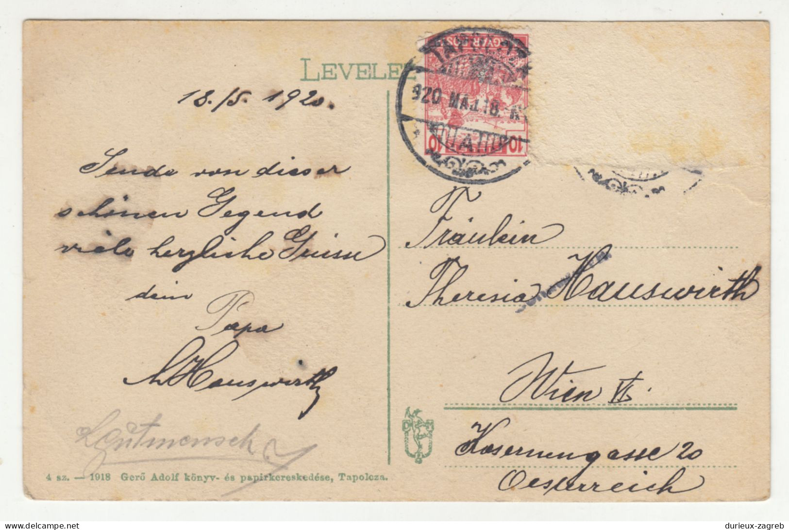 Tapolcza Old Postcard Posted 1920 B240503 - Hongarije