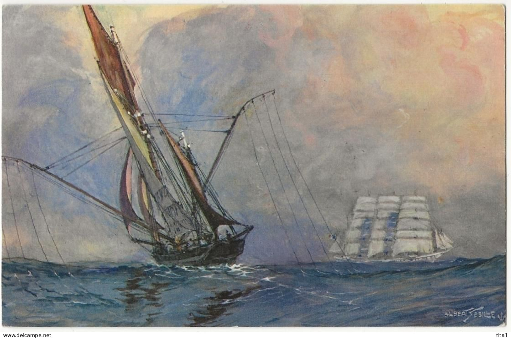 120 - Thonier Sur Les Lieux De Pêche Les Lignes à La Mer ( Dessin De A. Sebille) - Sailing Vessels