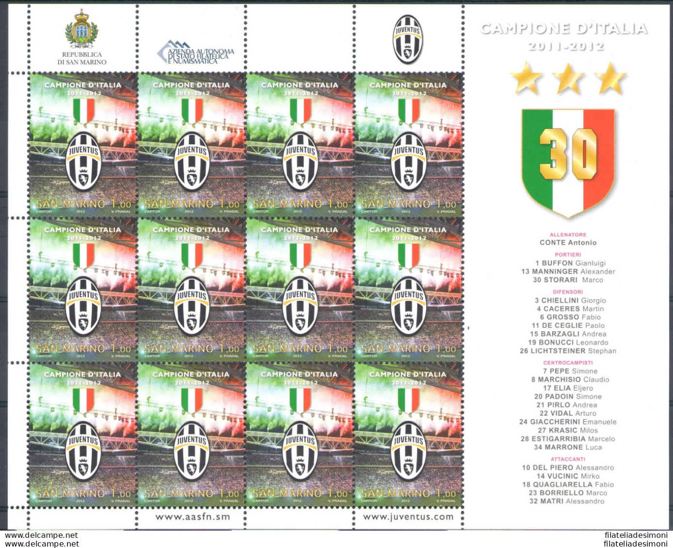 2012 San Marino Juventus Campione D'Italia 2011-2012 Minifoglio 12 V MNH** - Blocks & Sheetlets
