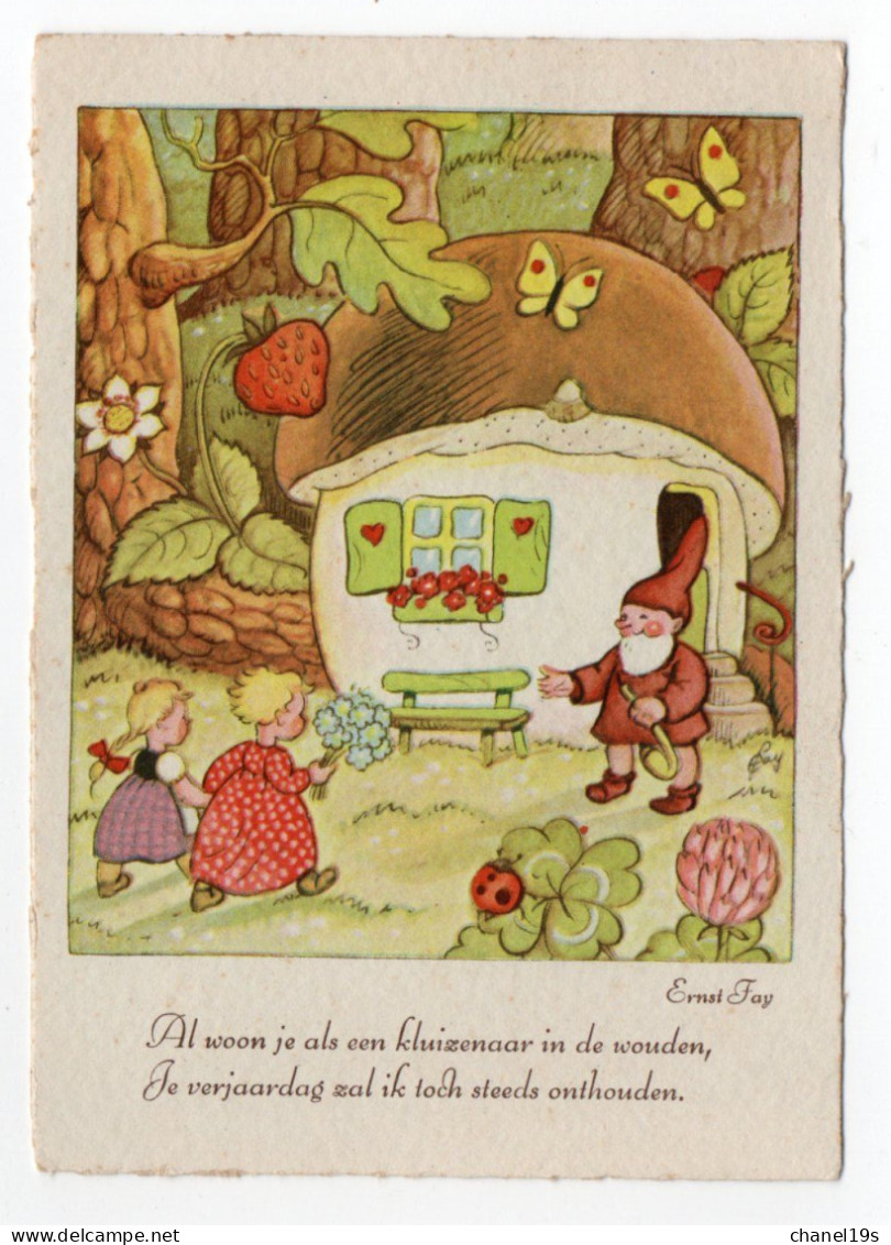 KÜNSTLER ERNST FAY - DUTCH RHYME / UNUSAL - USED 1941 - GIRLS - GNOME - MUSHROOM - CONDITION READ DESCRIPTION ! - Geburtstag