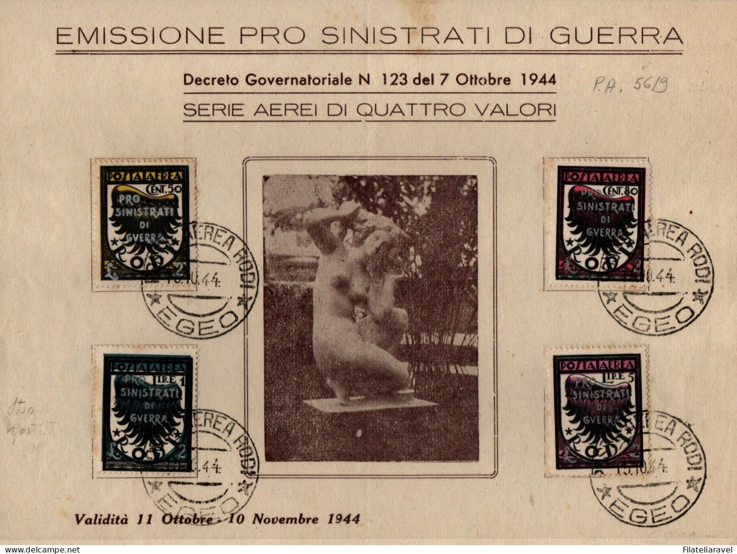 COLONIE ITALIANE :OCC. TEDESCA DELL'EGEO -  POSTA AEREA 1944  N. 56/59 Annullato Su Cartoncino. - Aegean