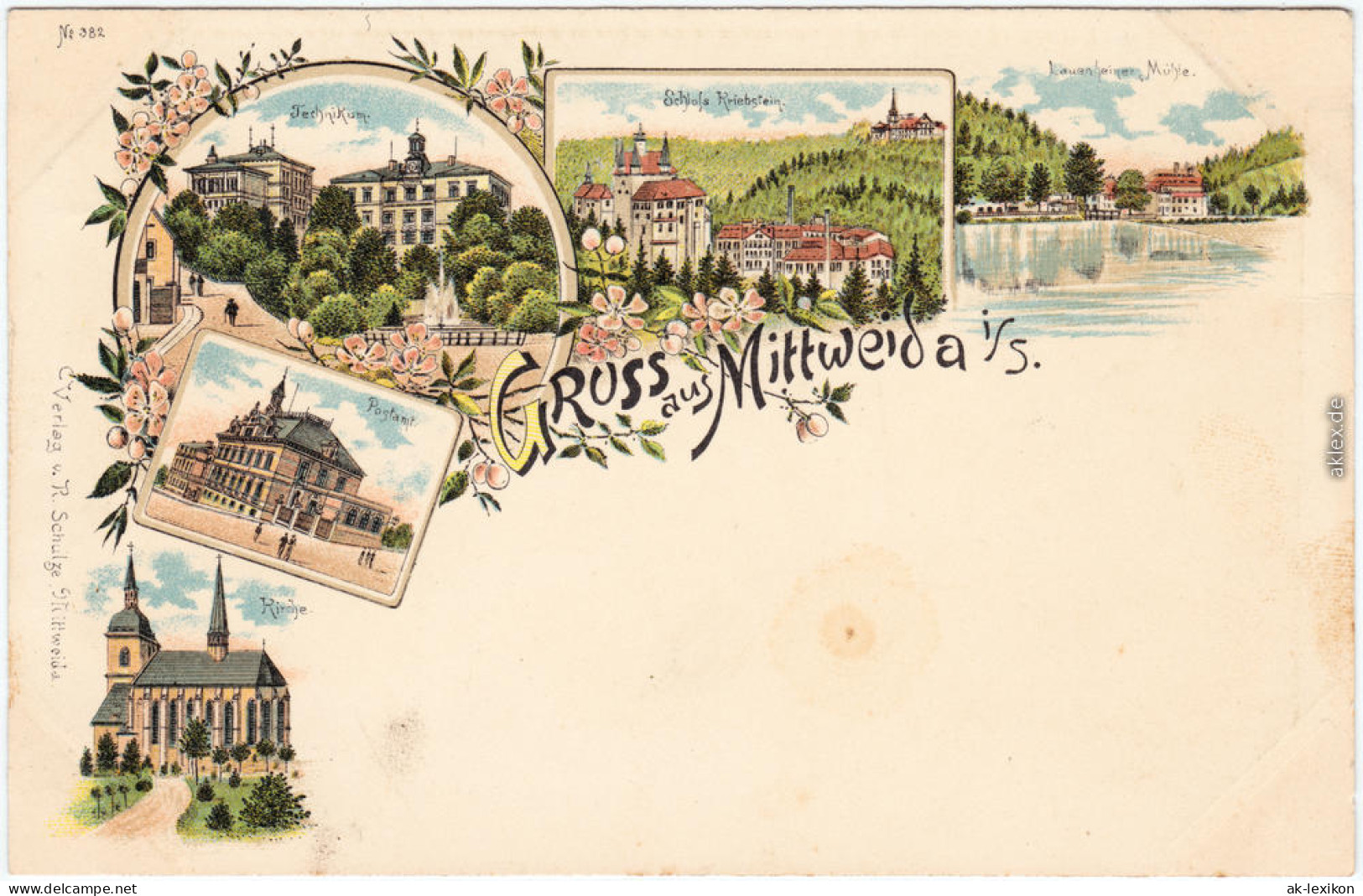 Mittweida Litho: Kirche, Postamt, Technikum, Panorama 1904  - Mittweida