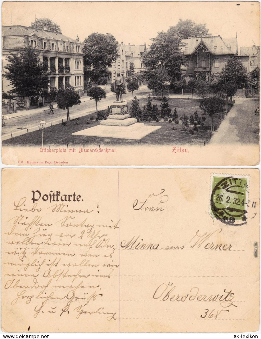 Zittau Ottokarplatz Mit Bismarkdenkmal Ansichtskarte Oberlausitz 1918 - Zittau