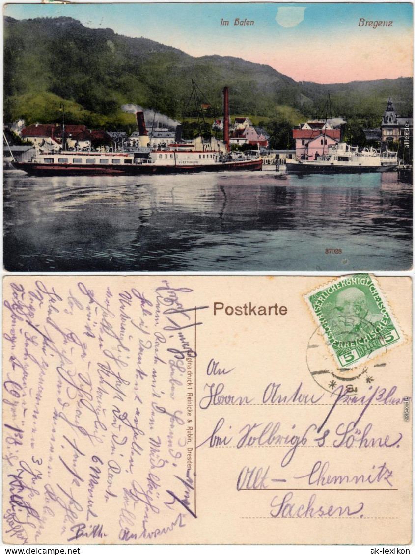 Bregenz Dampfer - Hafen Einfahrt Colorierte Ansichtskarte Vorarlberg  1912 - Sonstige & Ohne Zuordnung