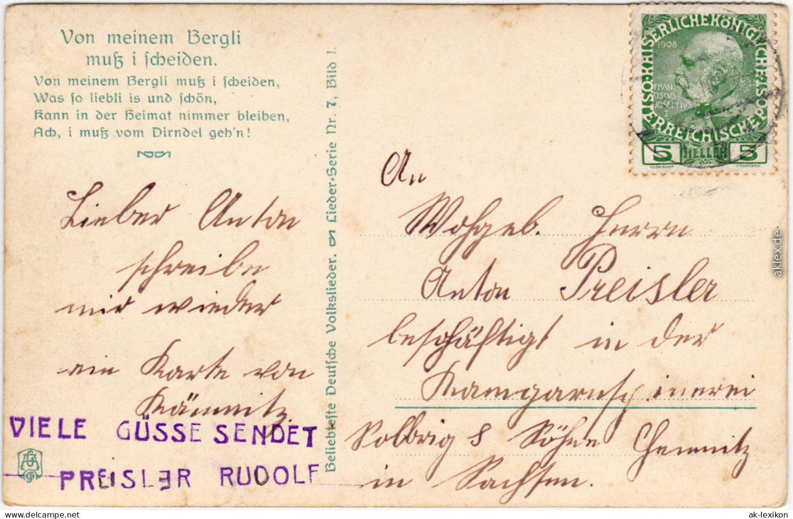  Wanderer In Tracht - Alm - Liederkarte Von Einem Bergli Muss I Scheiden 1913  - Musik