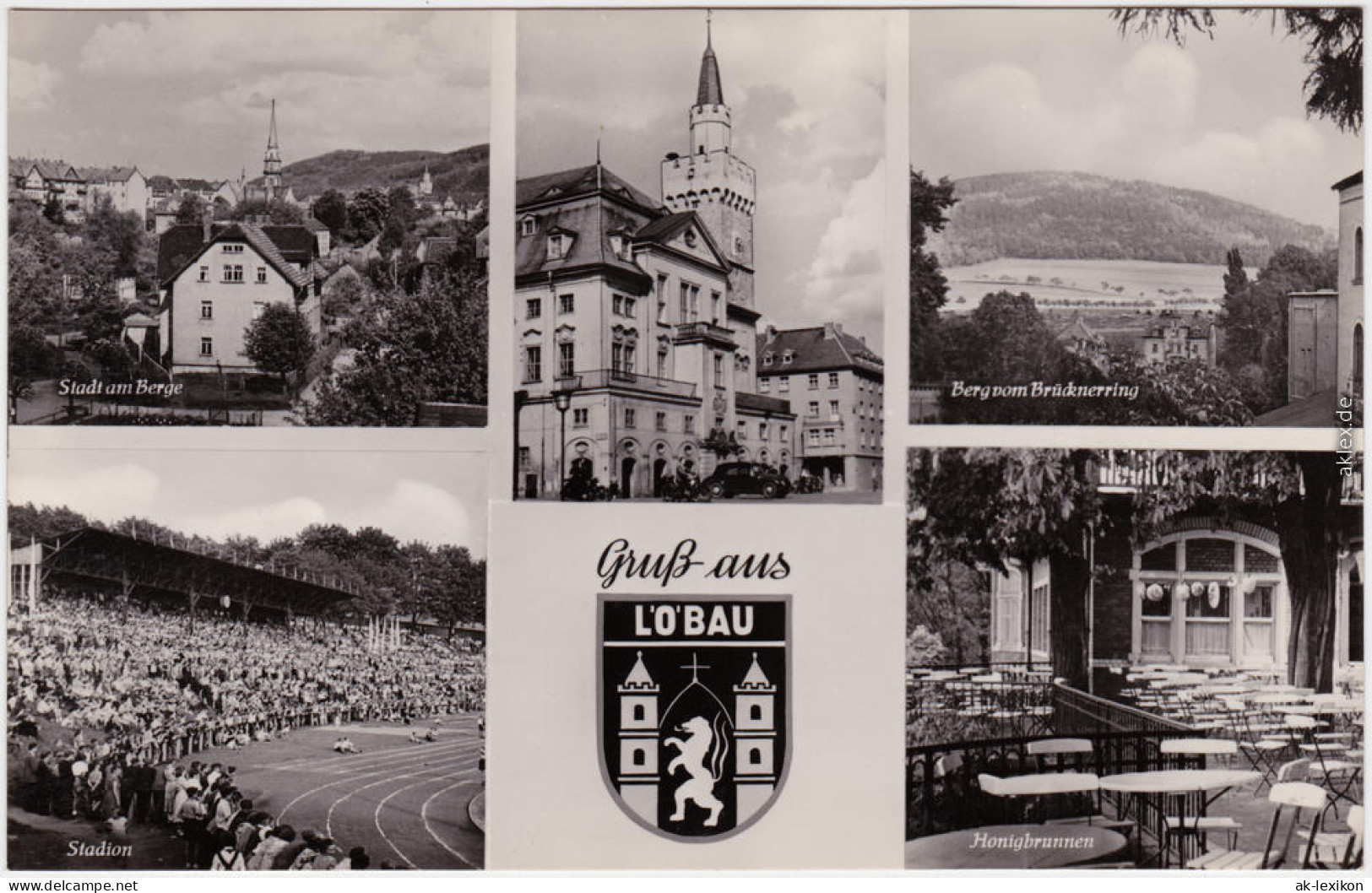 Löbau Stadion, Honigbrunnen, Ansichten Ansichtskarte Oberlausitz 1957 - Löbau