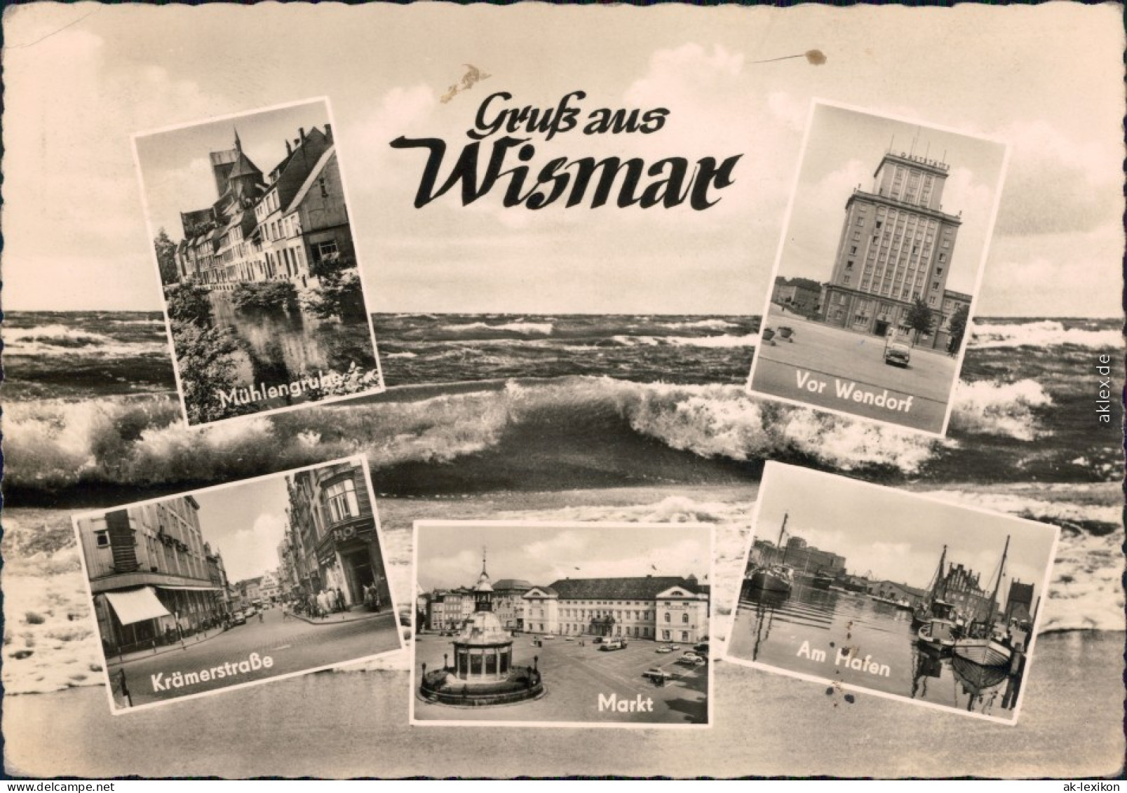 Ansichtskarte Wismar Mühlengrube, Wendorf, Krämerstraße, Markt, Hafen 1965 - Wismar