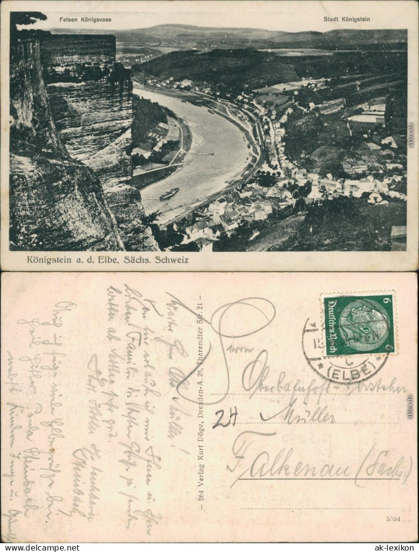 Königstein (Sächsische Schweiz) Panorama-Ansicht Mit Elbe Königsvase 1934 - Koenigstein (Saechs. Schw.)