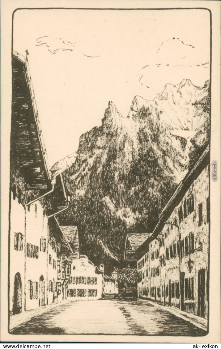Ansichtskarte Mittenwald Hauptstraße Mit Karwendel Federzeichnung 1928 - Mittenwald