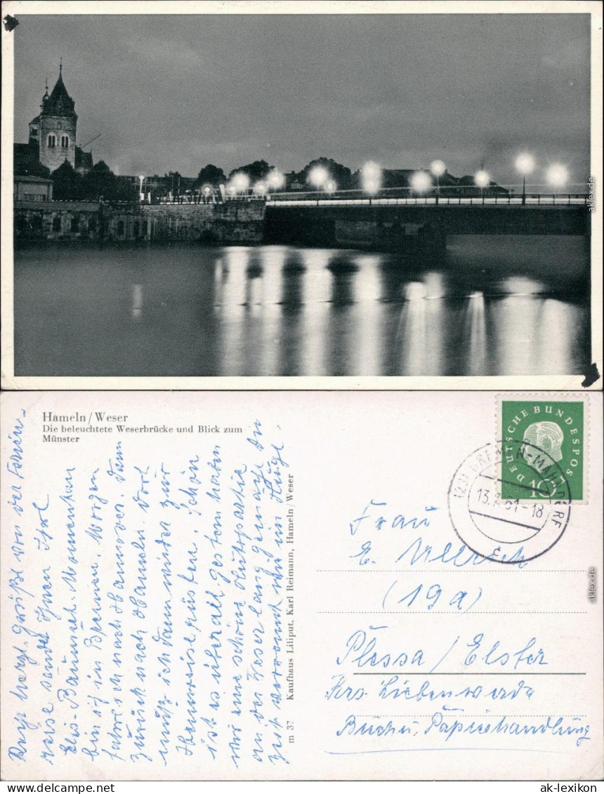 Ansichtskarte Hameln Die Beleuchtete Weserbrücke Und Blick Zum Münster 1961 - Hameln (Pyrmont)