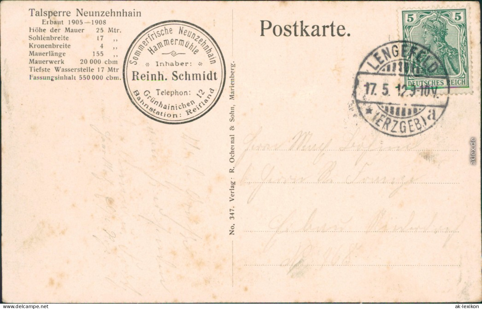 Ansichtskarte Lengefeld (Erzgebirge) Talsperre Neunzehnhain 1912 - Lengefeld