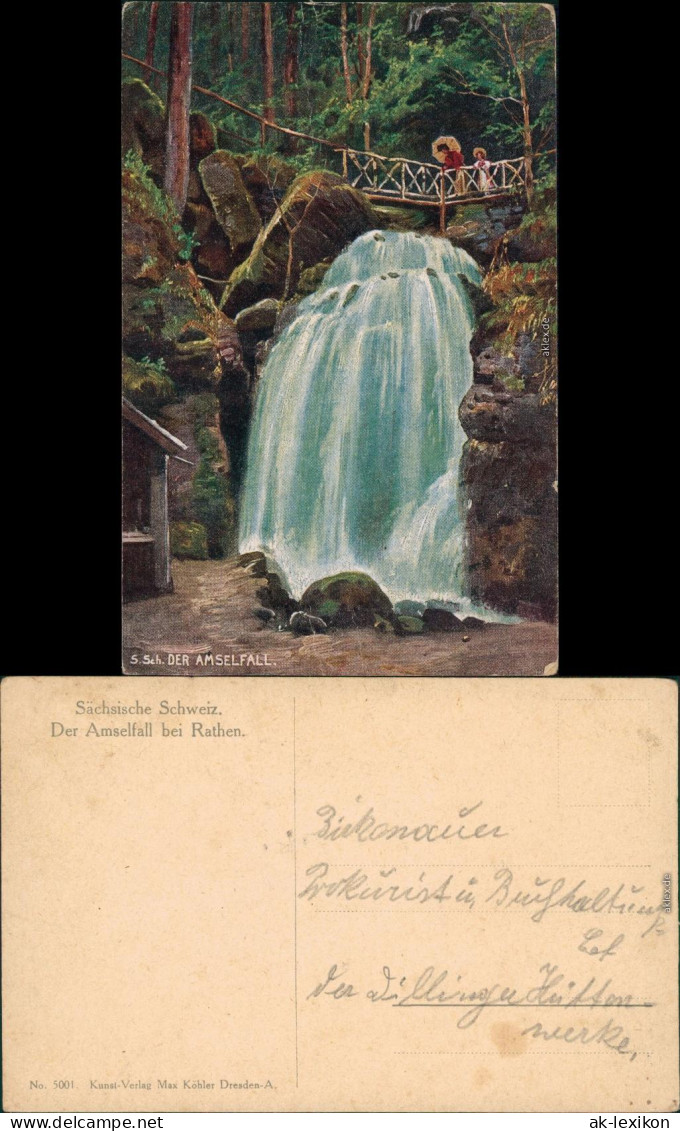 Ansichtskarte Rathen Künstlerkarte: Amselfall (Elbsandsteingebirge) 1905 - Rathen