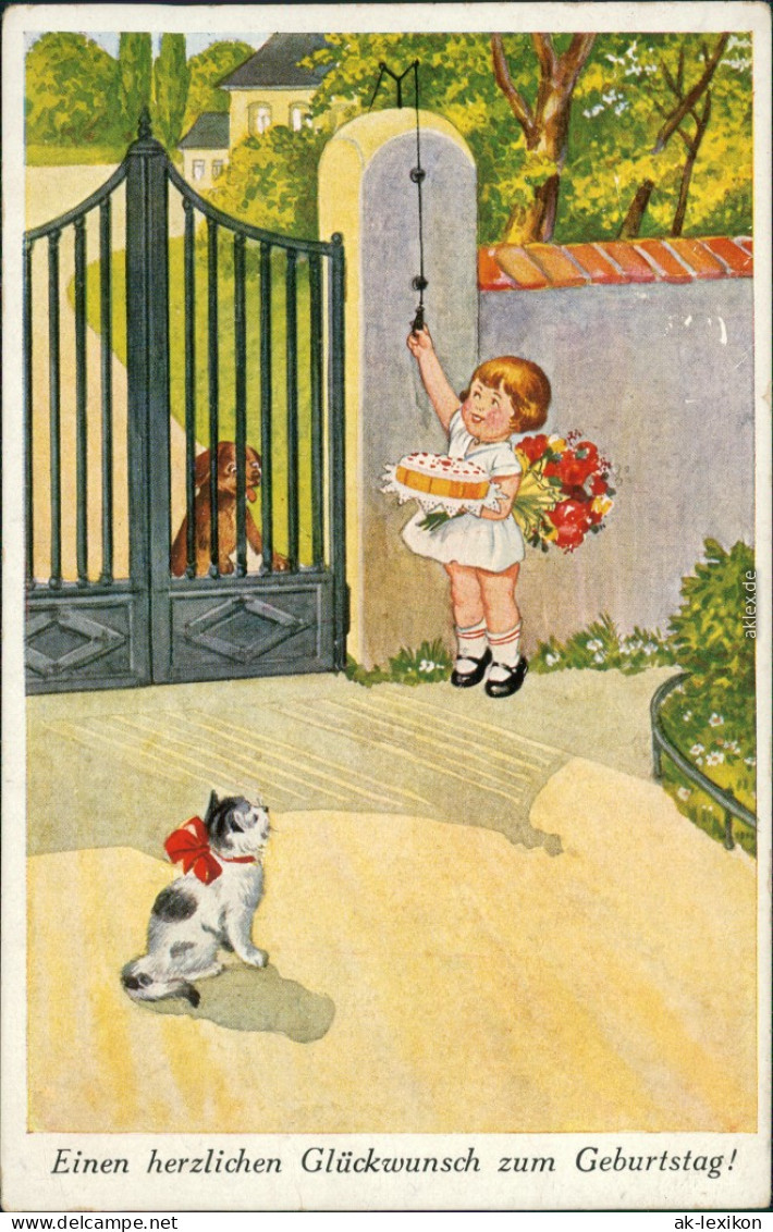 Geburtstag - Mädchen Mit Blumen U. Kuchen Klingelt An Tor, Hund, Katze 1935 - Birthday