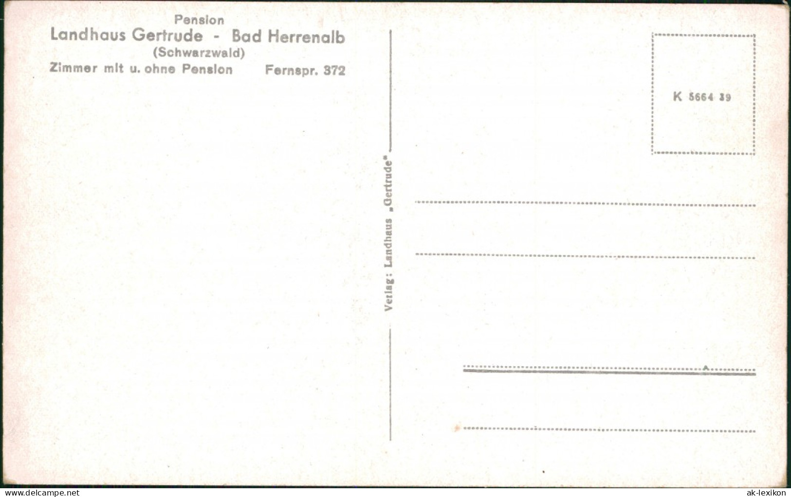 Ansichtskarte Bad Herrenalb Pension Landhus Gertrude 1939 - Bad Herrenalb