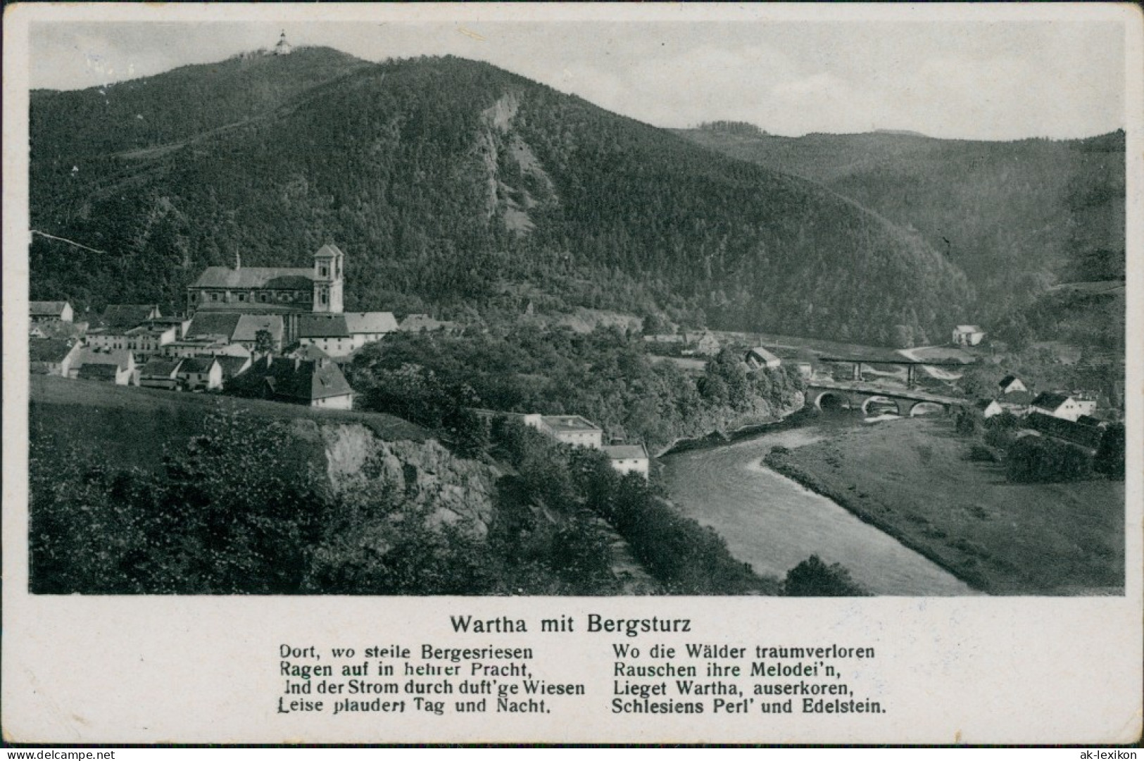 Wartha Bardo Blick Auf Den Ort, Gedicht: Wartha Mit Bergsturz 1942 - Schlesien