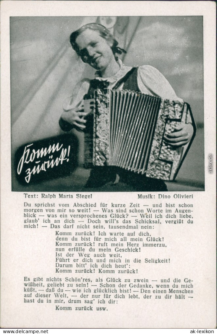 Ansichtskarte  Liedansichtskarte "Komm Zurück" - Frau Mit Akkordeon 1938 - Musique